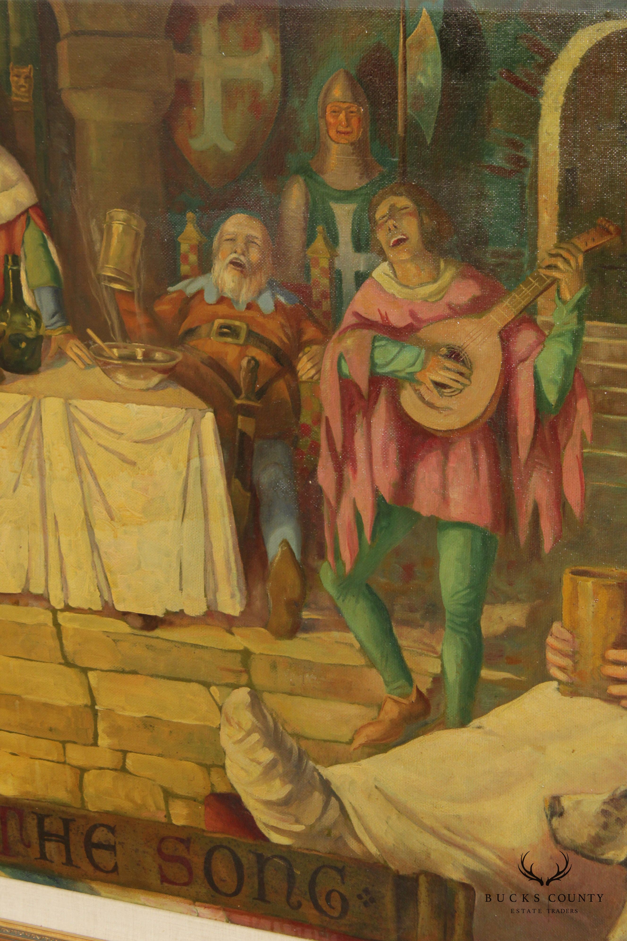 Early 20th C. Medieval Banquet 'The Song' Monumental Original Painting