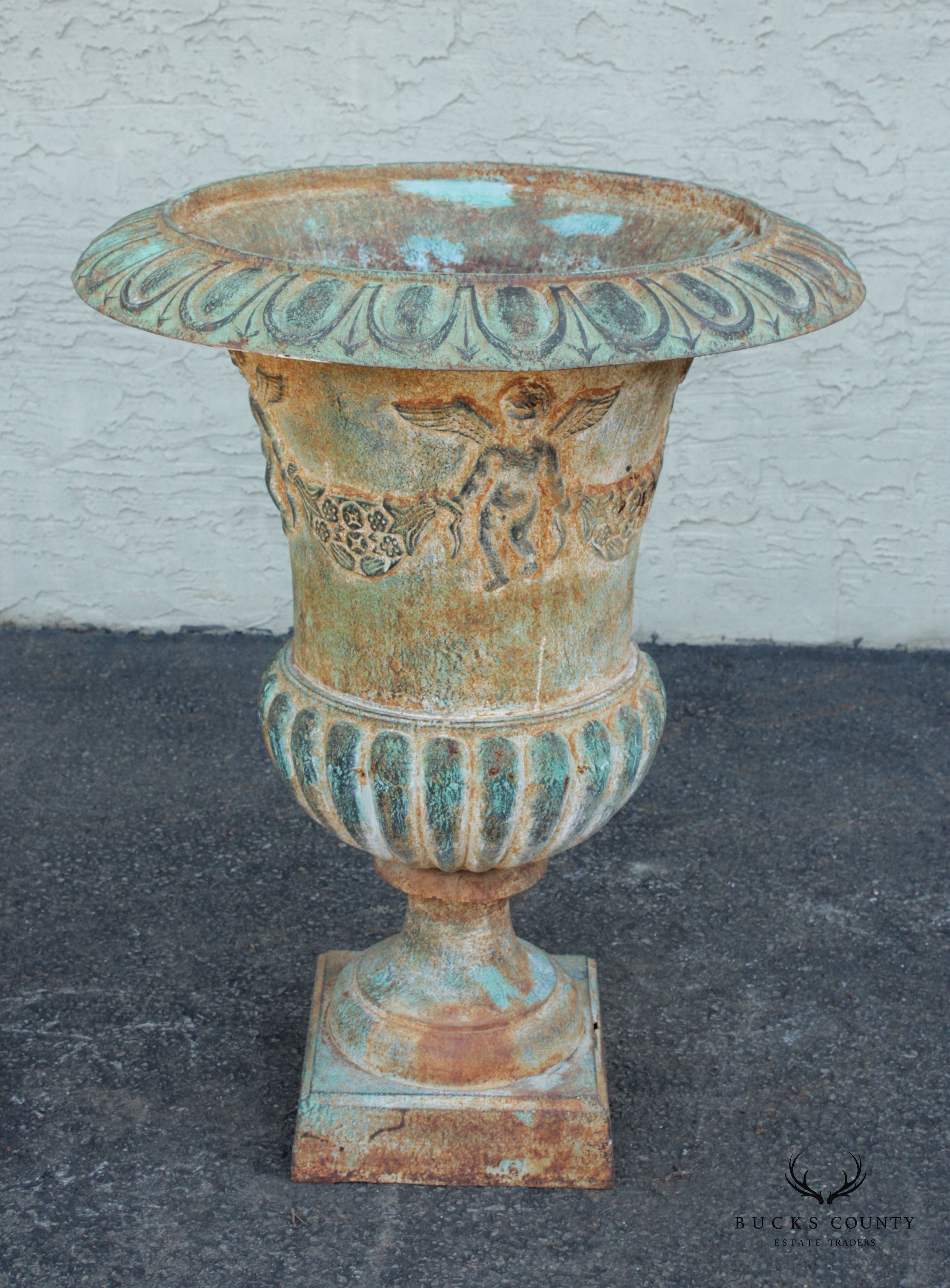 French Style Large Verdigris Cast Iron Garden Urn Planter