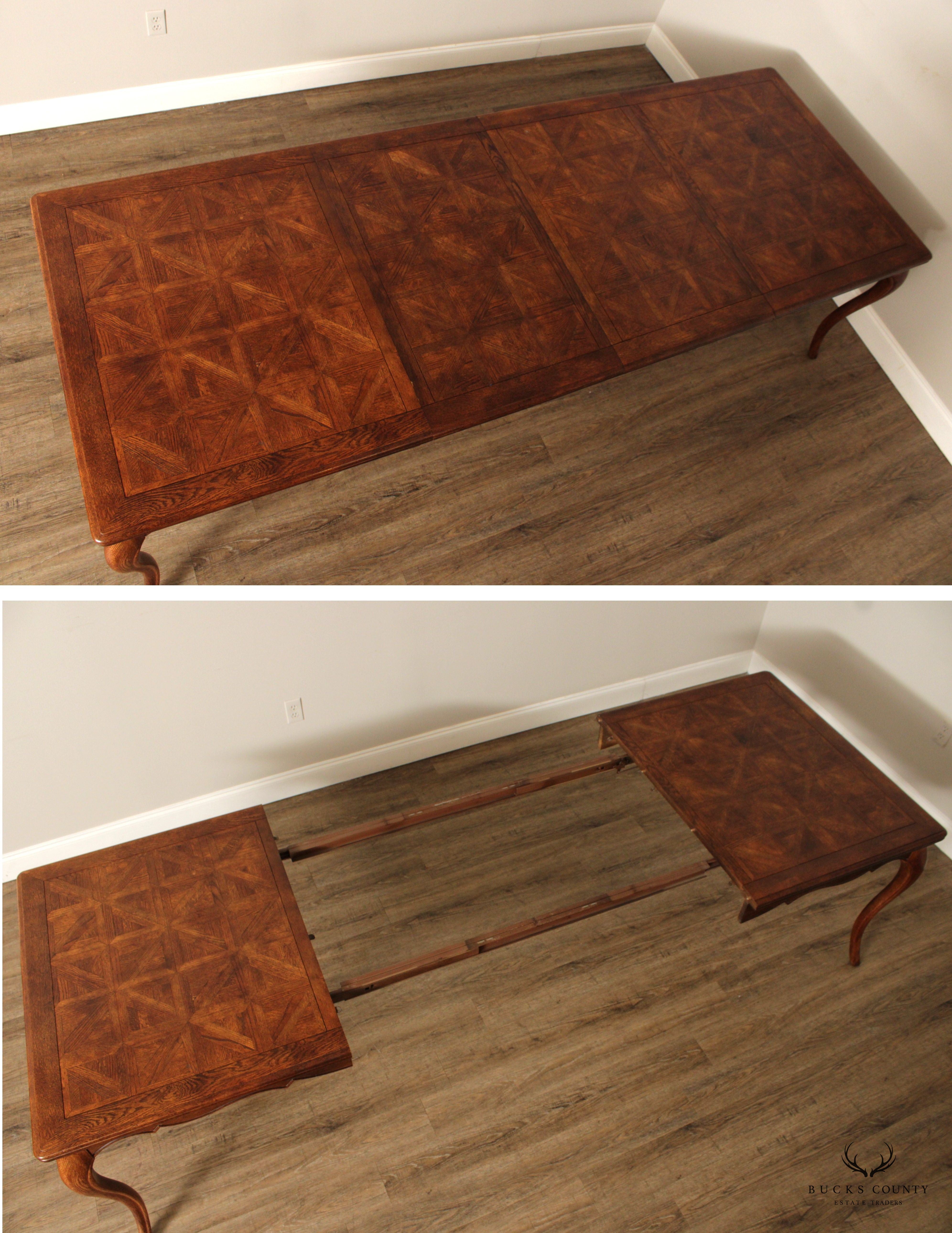 French Country Louis XV Style Vintage Oak Parquet Top Extension Dining Table
