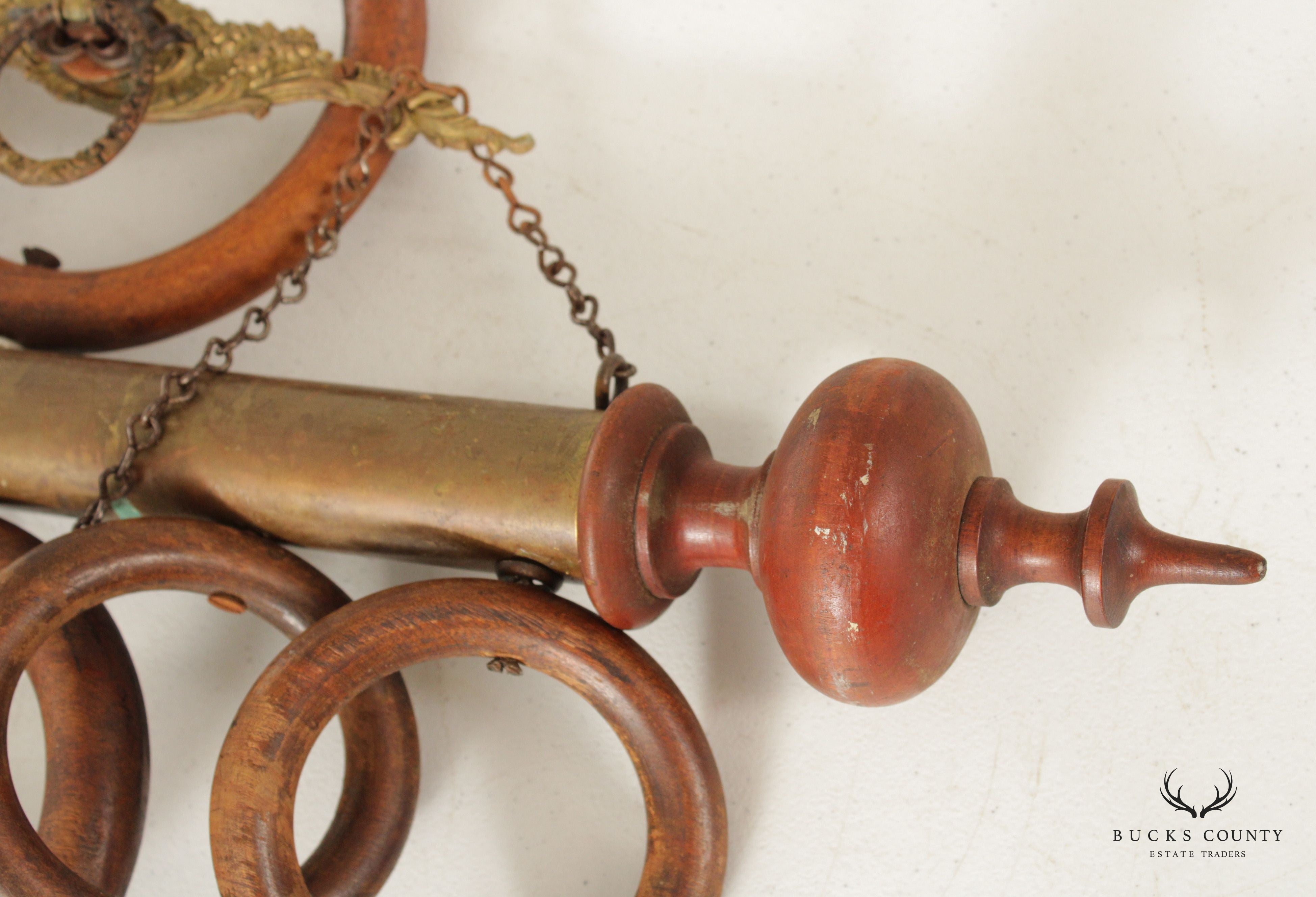 Antique Victorian Wood Rings and Brass Hanging Towel Rack