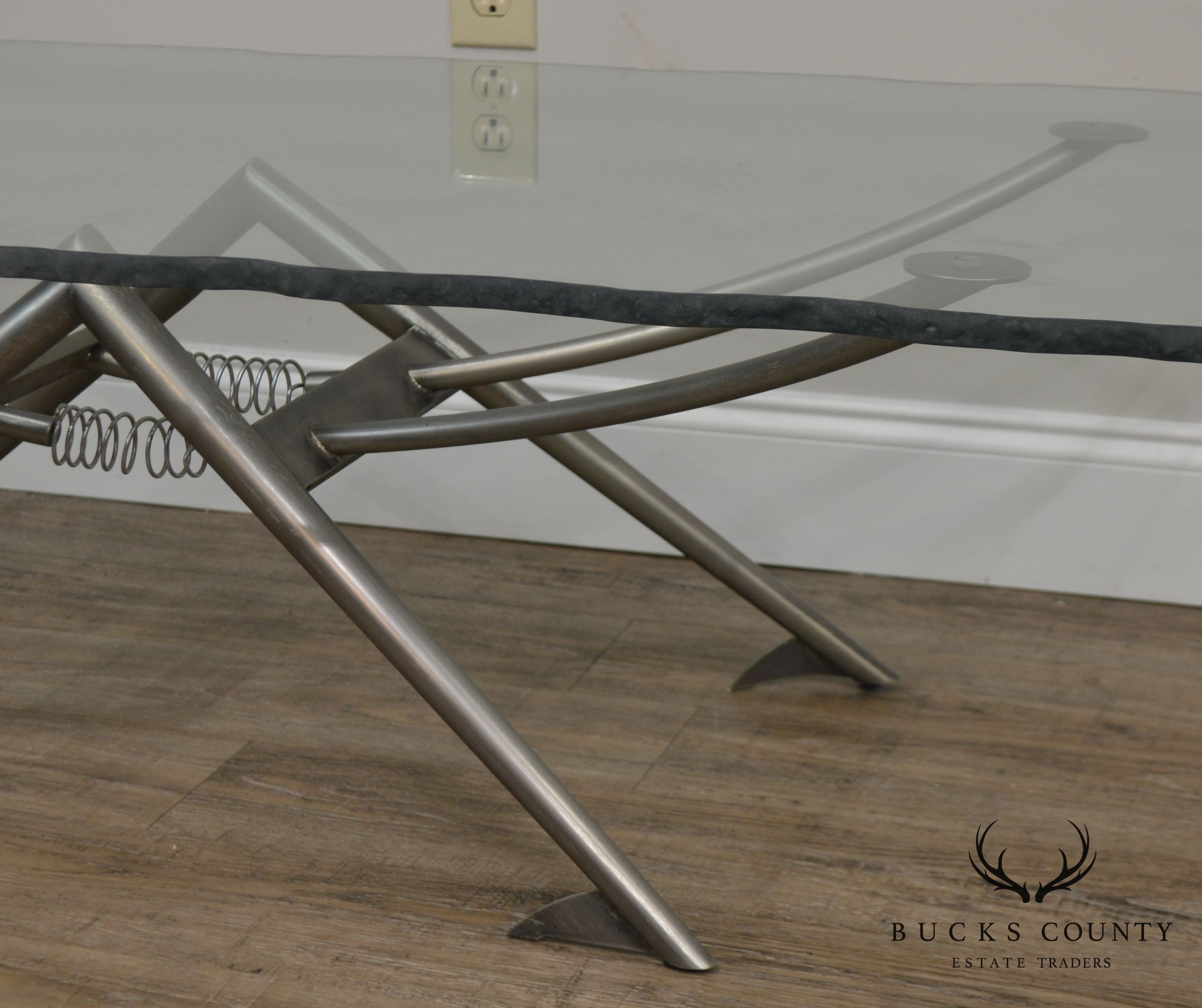 Industrial Modernistic Design Metal Base Coffee Table with Glass Top