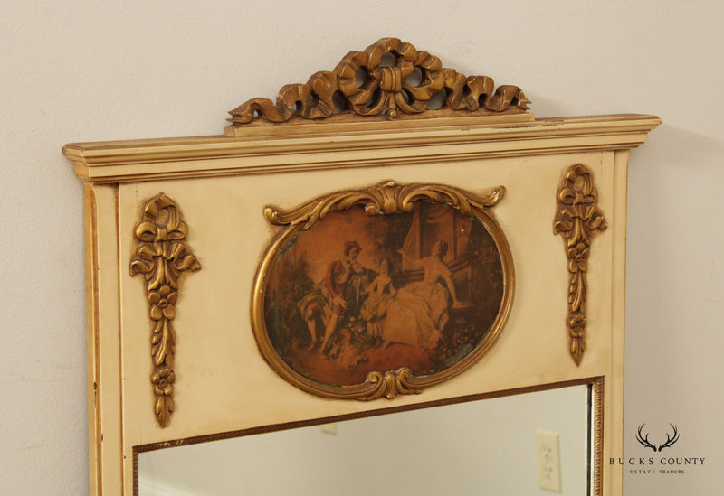 French Louis XIV Style Carved Giltwood and Distress Painted Trumeau Mirror