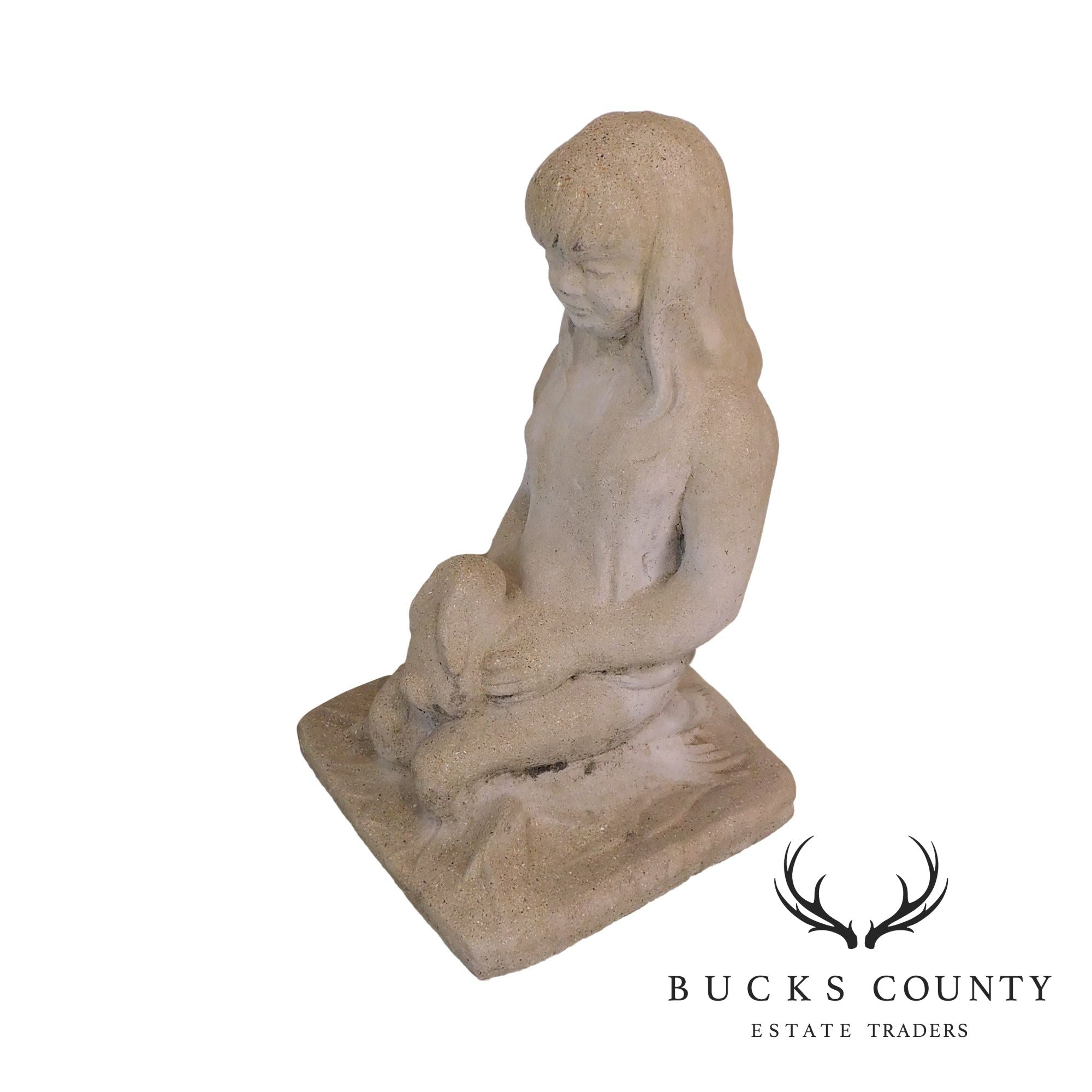 Vintage Cast Stone Concrete Garden Statue of Girl Holding Bunny