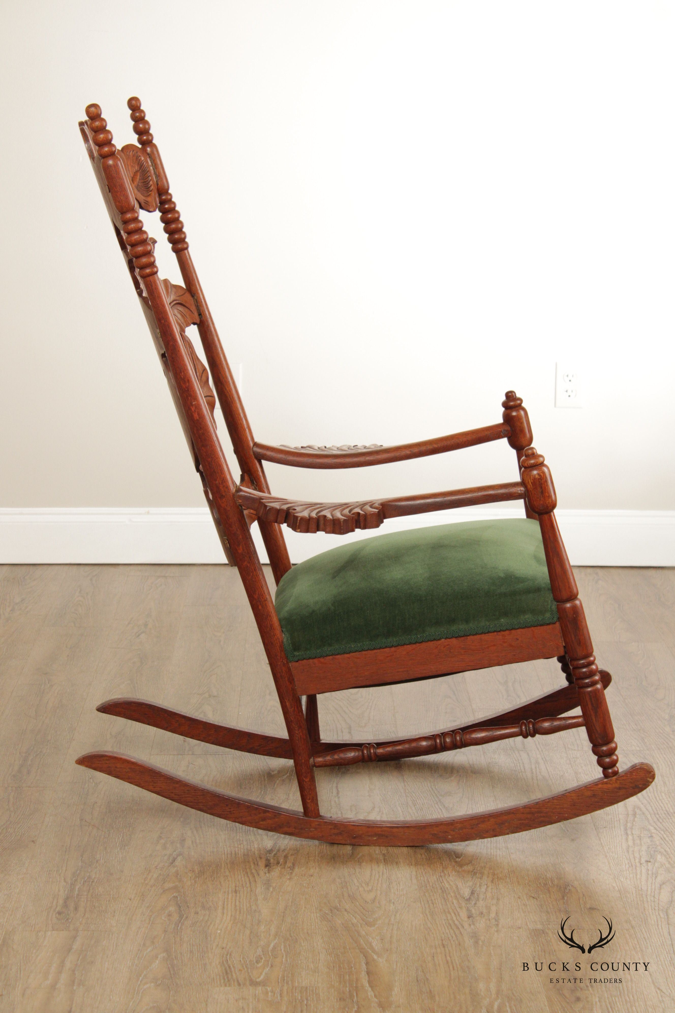 Art Nouveau Antique Peace Lily Carved Oak Rocking Chair