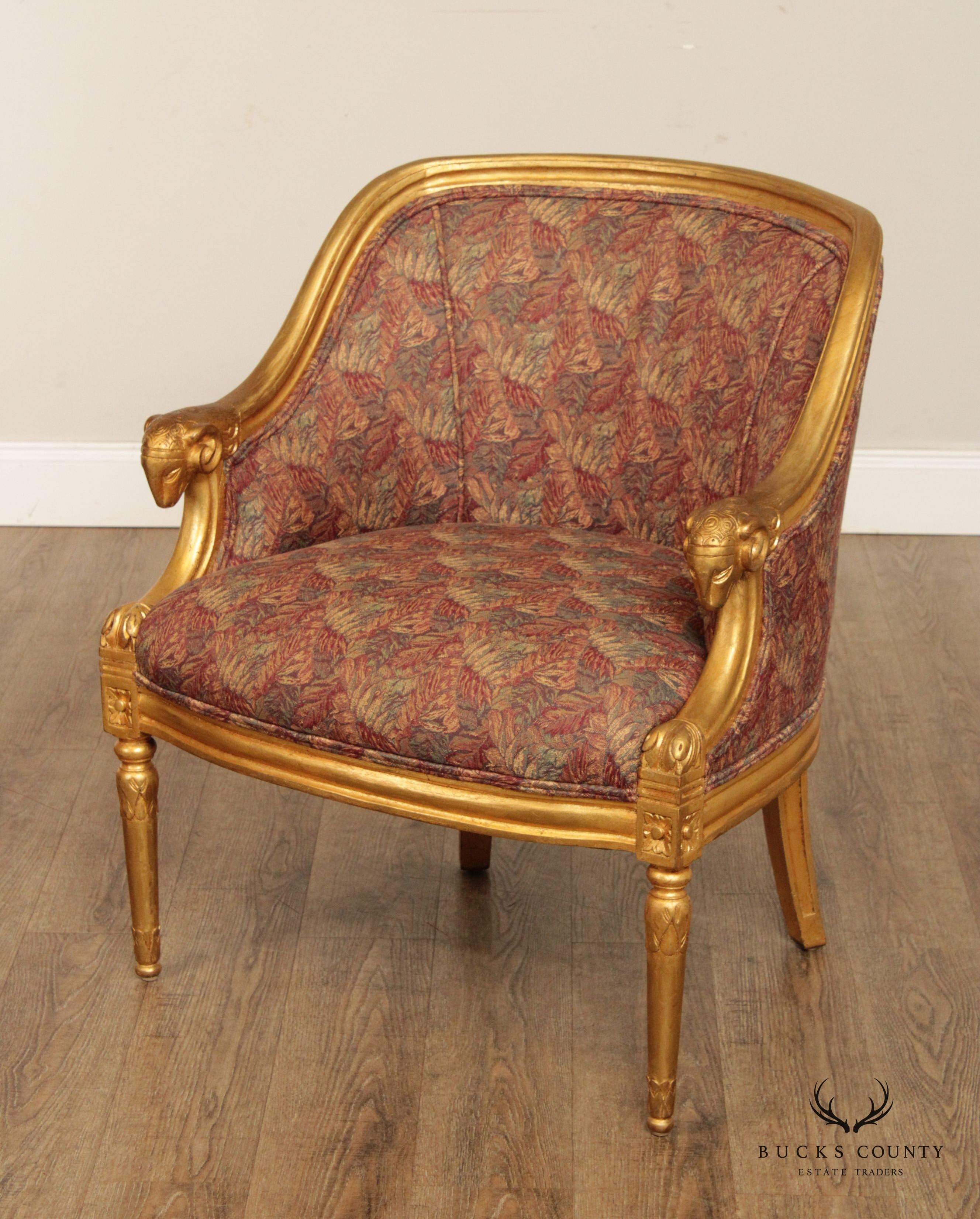 French Empire Style Gilt Rams Head Pair Barrel Club Chairs