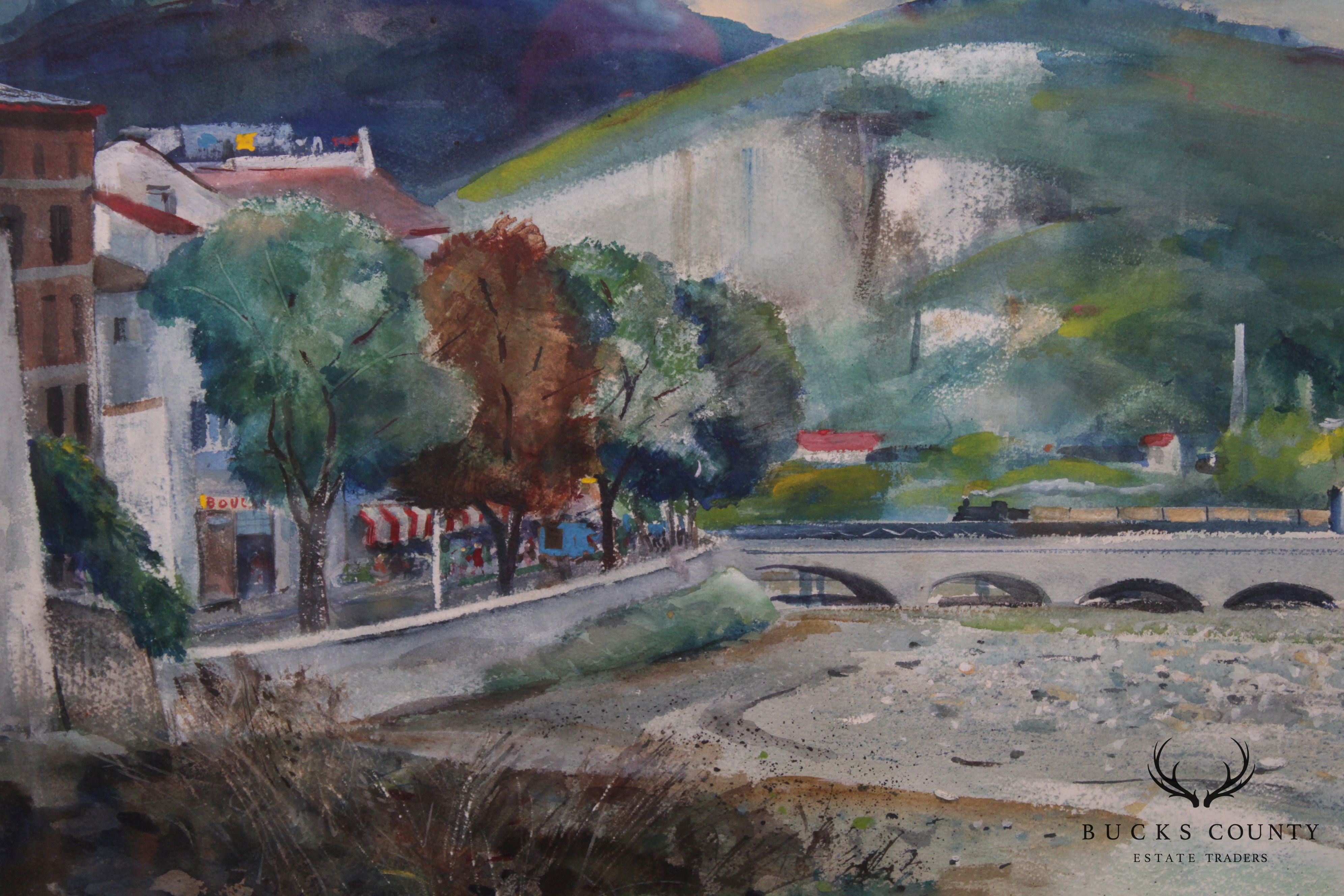 Charles Taylor Landscape with Bridge Watercolor Framed Painting