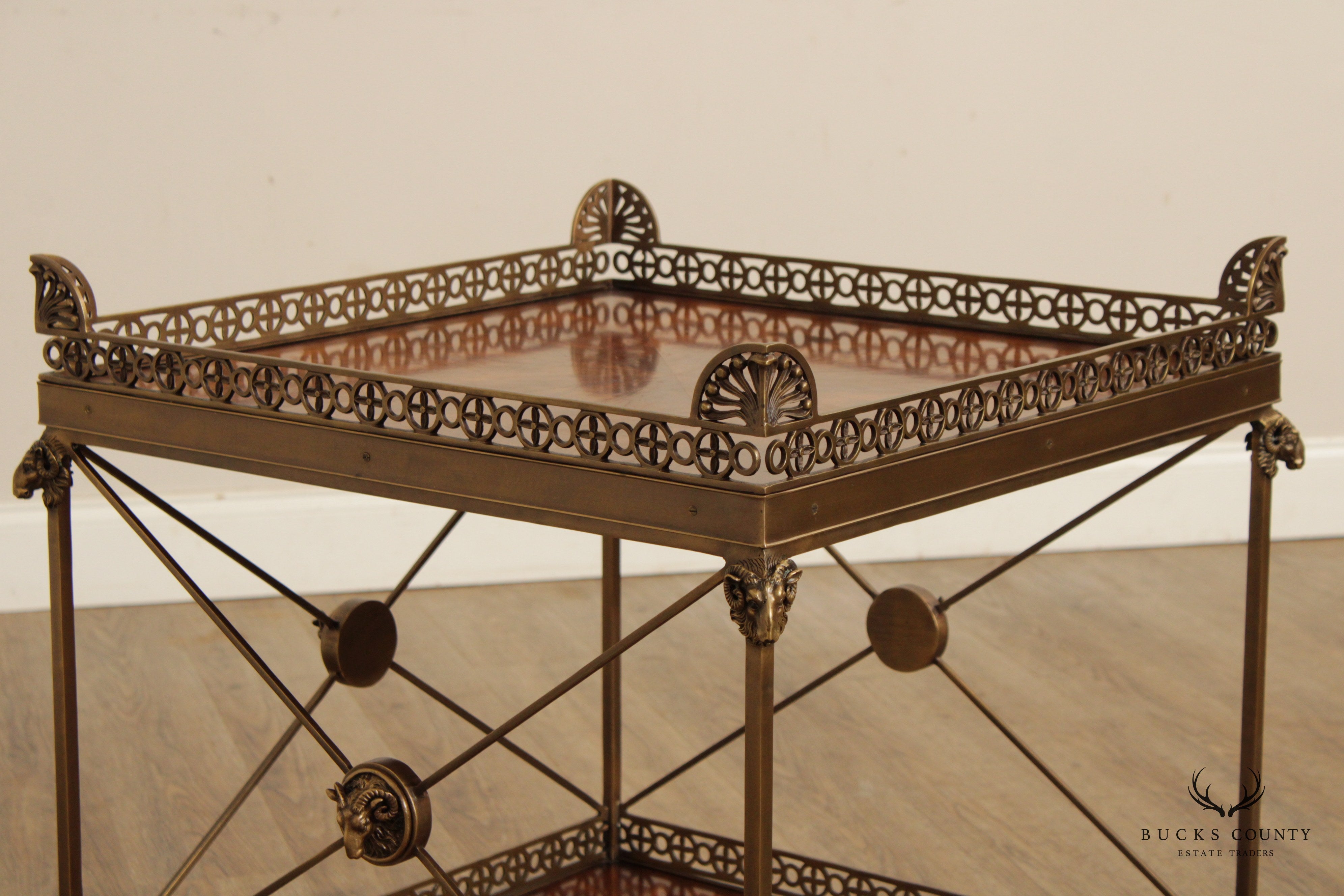 THEODORE ALEXANDER 'ALTHORP' REGENCY STYLE MAHOGANY AND BRASS TWO TIER SIDE TABLE