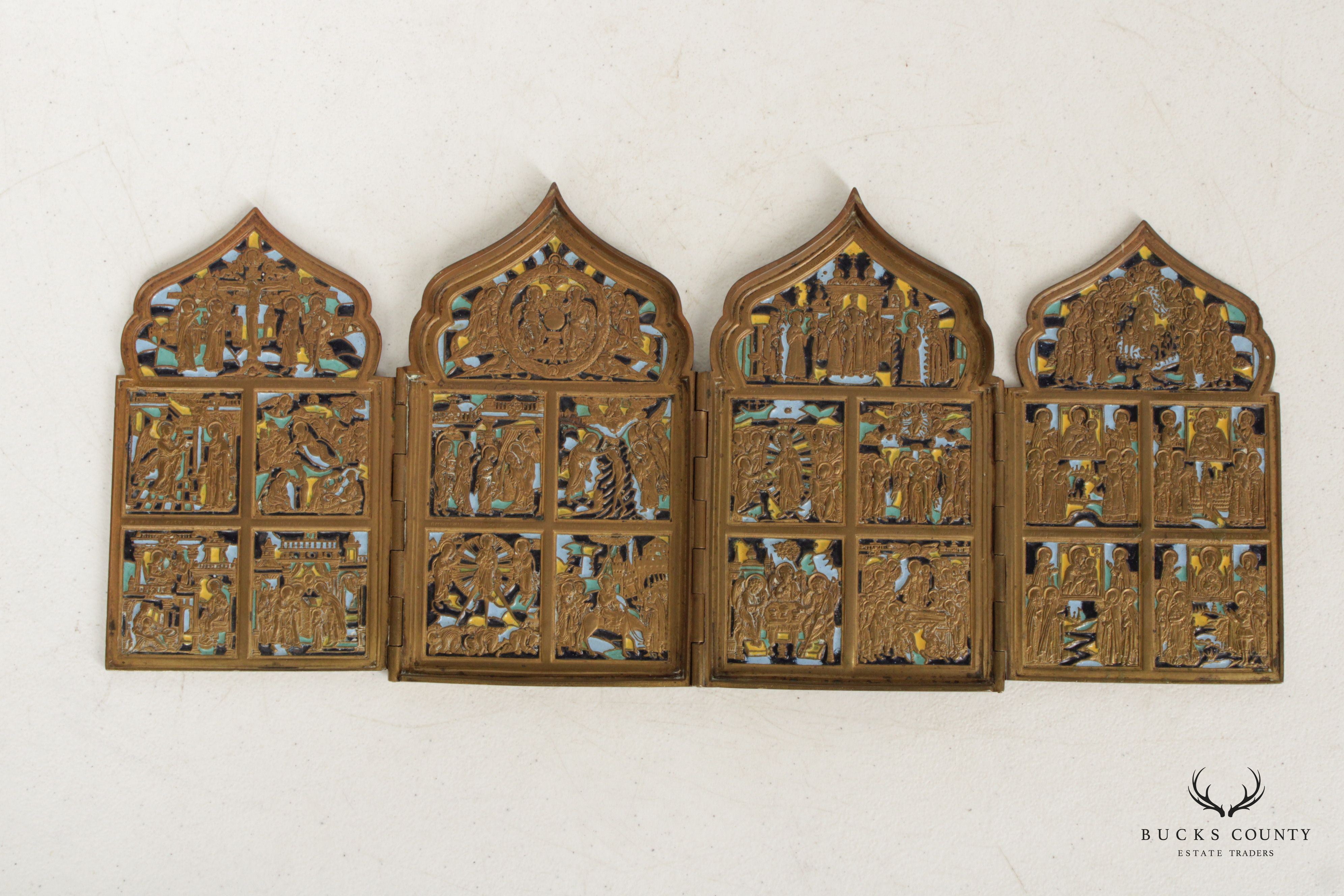 ANTIQUE RUSSIAN POLYPTYCH WITH ENAMEL TRAVEL ICON