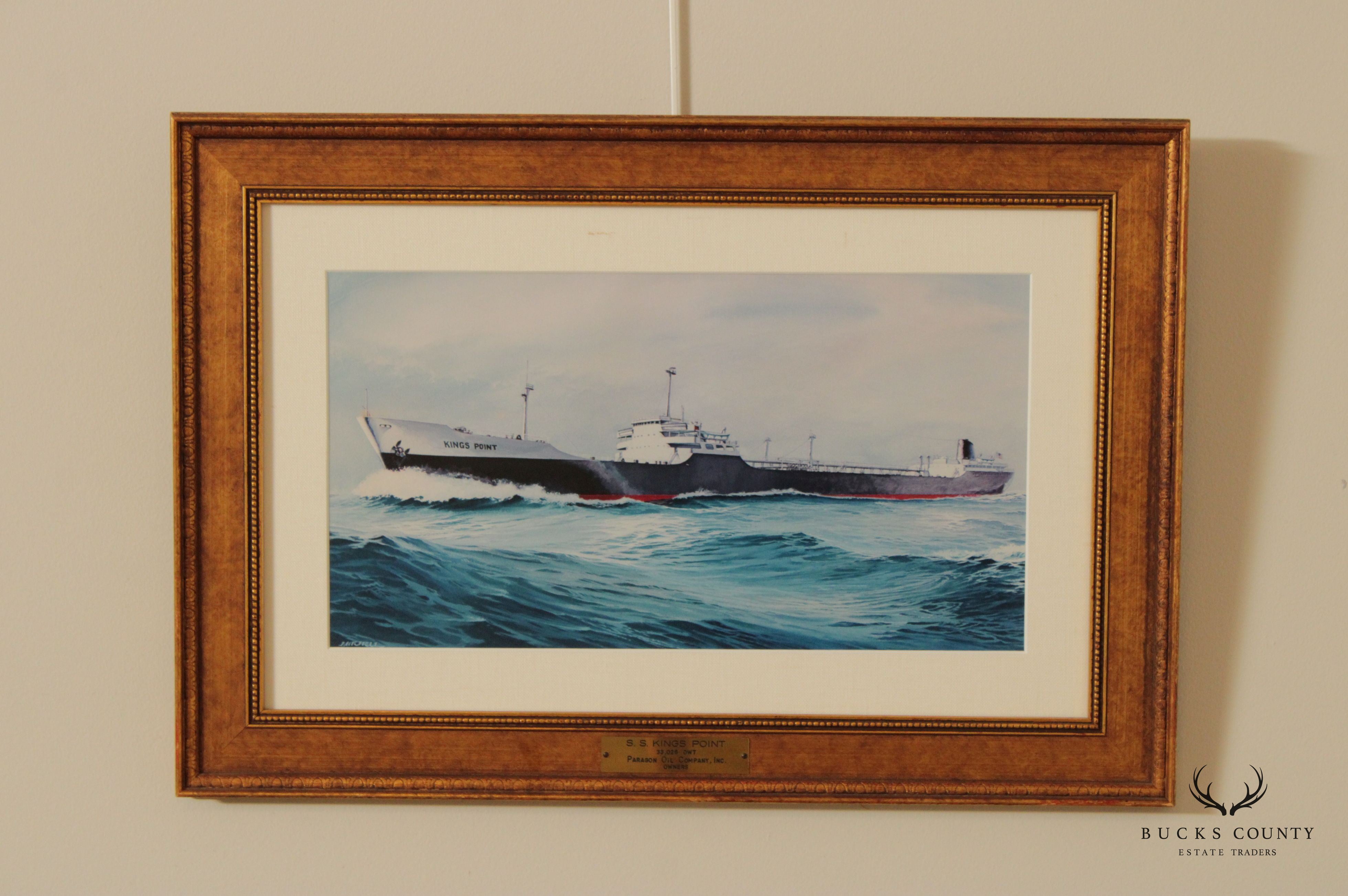 Vintage 20th C. S.S. Kings Port Maritime Watercolor Print, Signed 'Matthews'