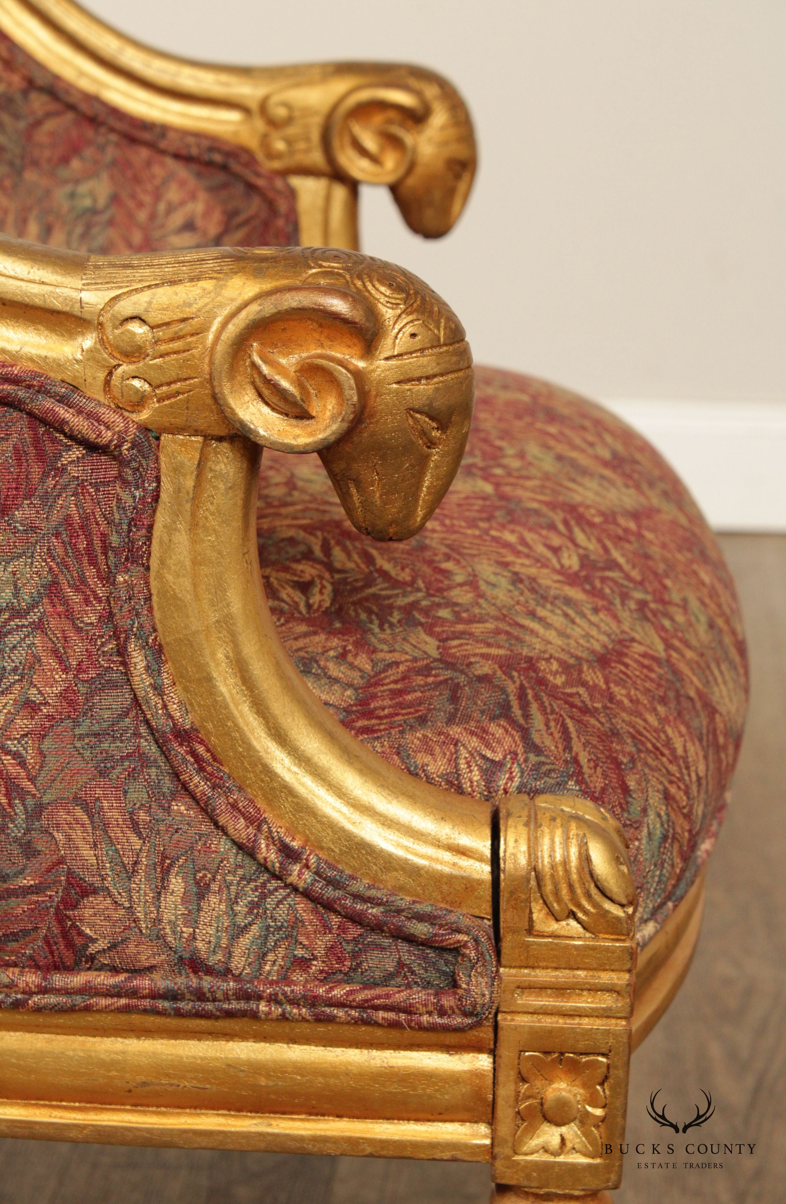French Empire Style Gilt Rams Head Pair Barrel Club Chairs