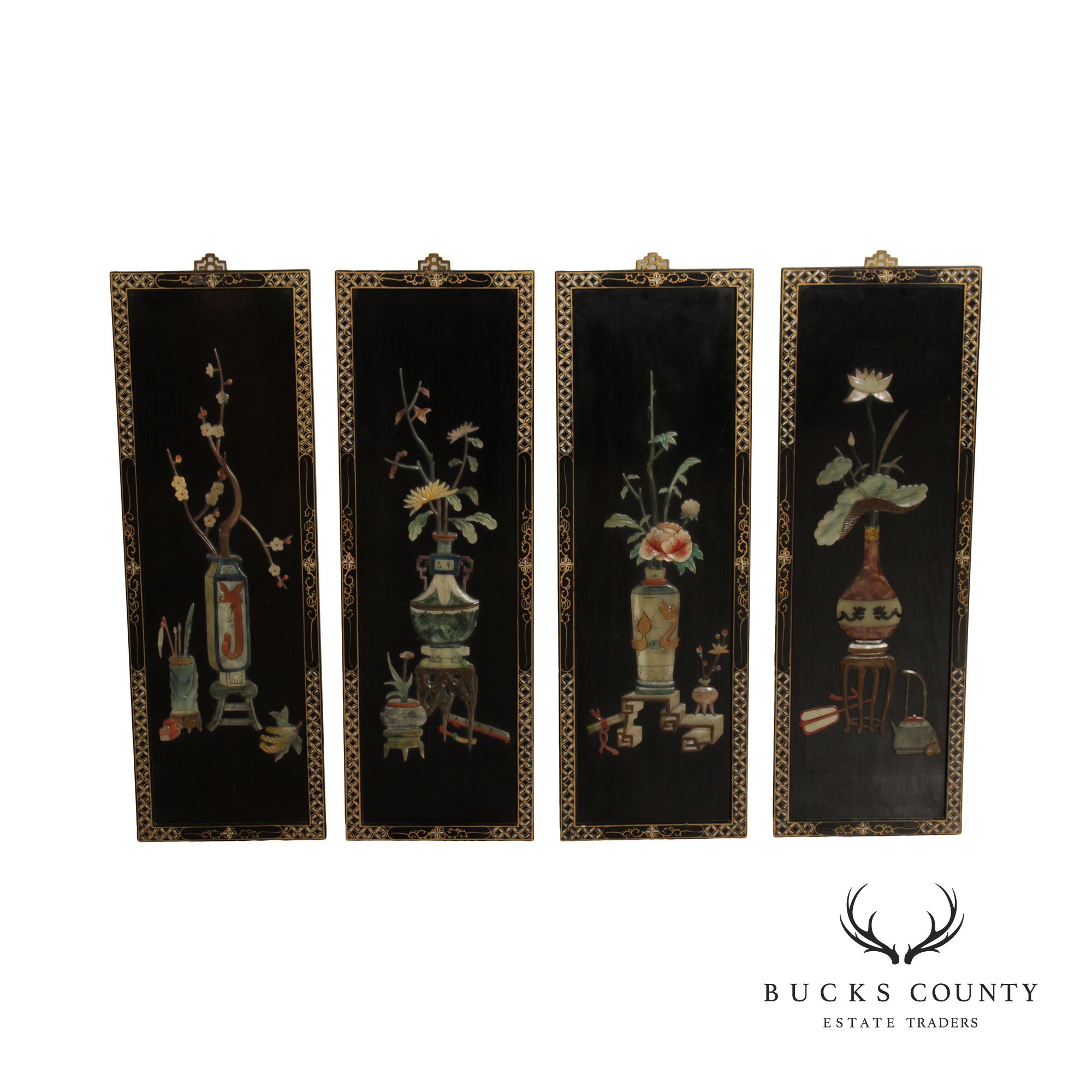 Vintage Chinese Lacquered Carved Soapstone Panels - Set of 4