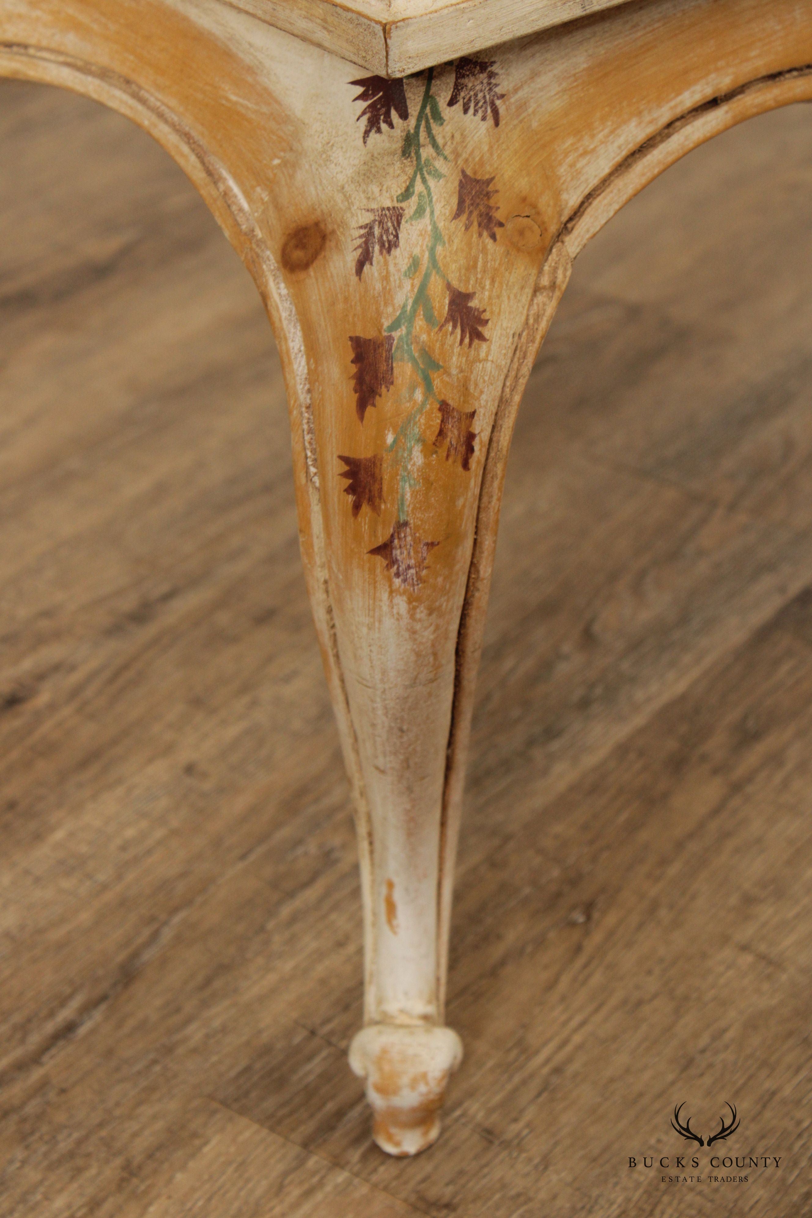 French Style Pair Paint Decorated Glass Top End Tables