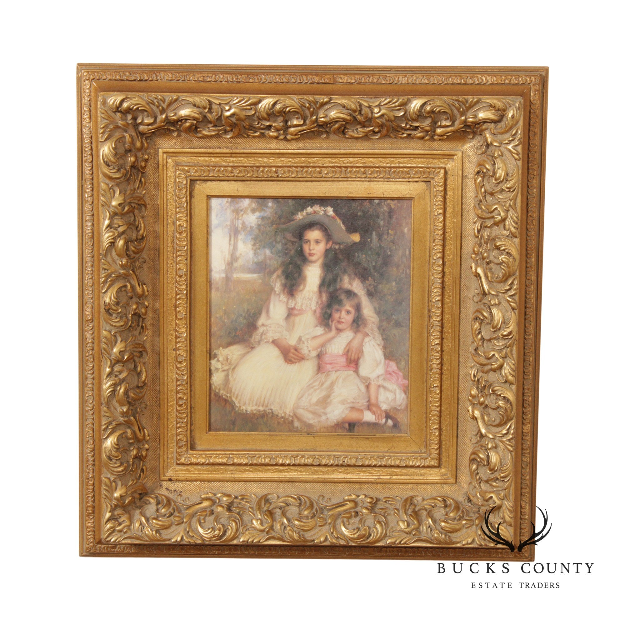 Vintage Framed Victorian Portrait of Two Sisters Fine Art Print, After Robert Edward Morrison