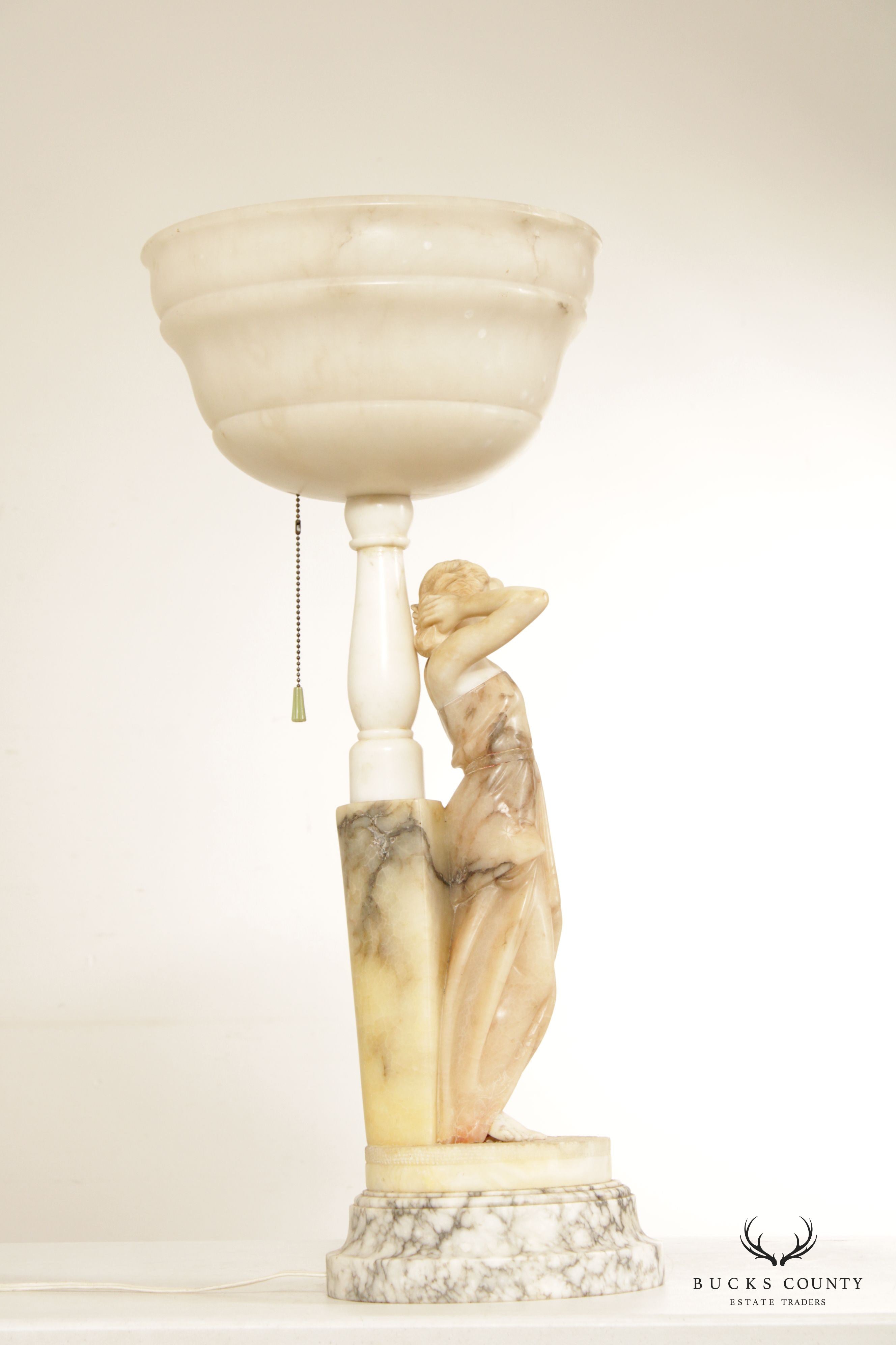 Antique Carved Alabaster 'Rebecca at the Well' Table Lamp