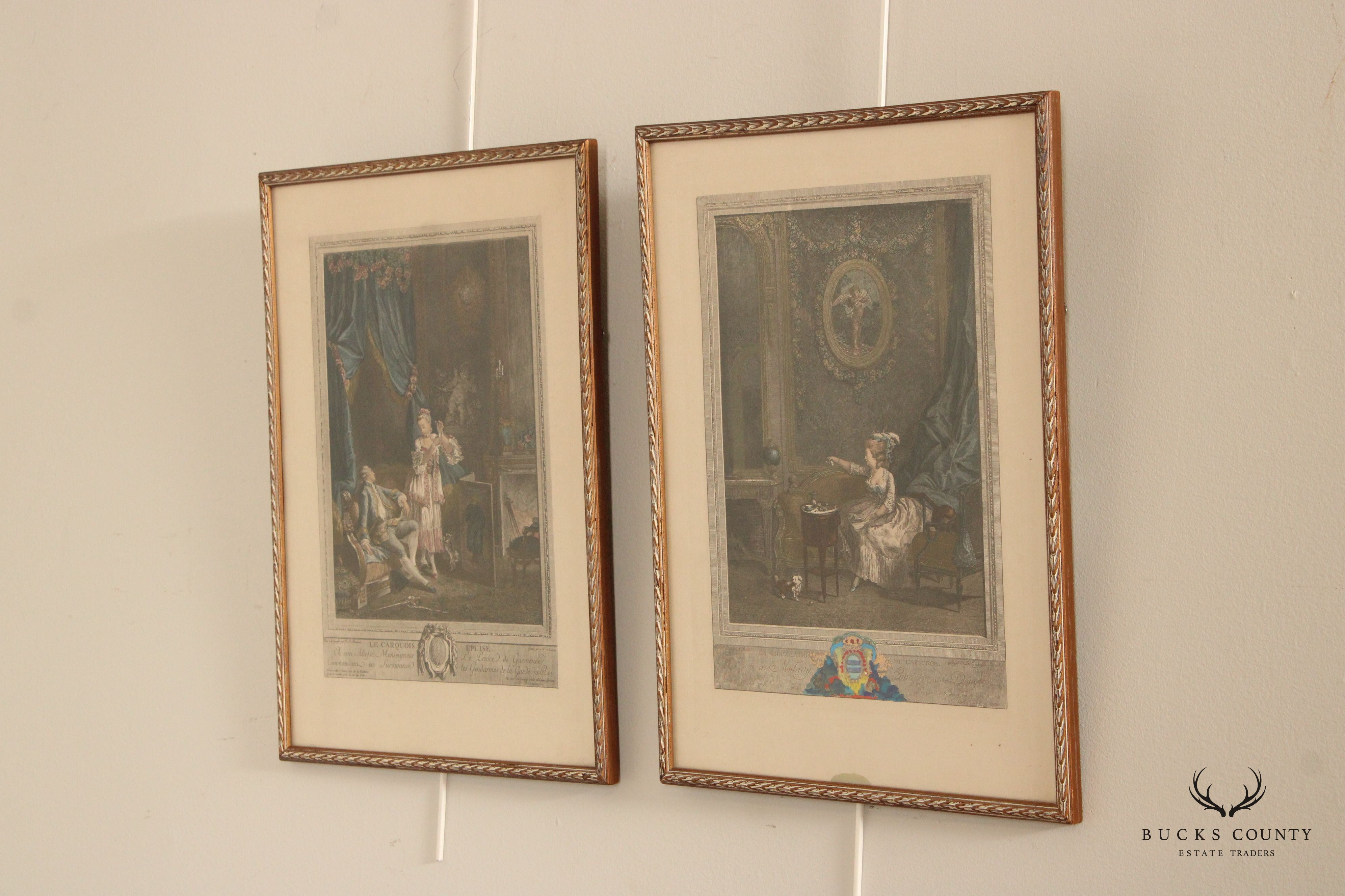 Antique French Pair Colored Engravings, After Nicolas de Launay