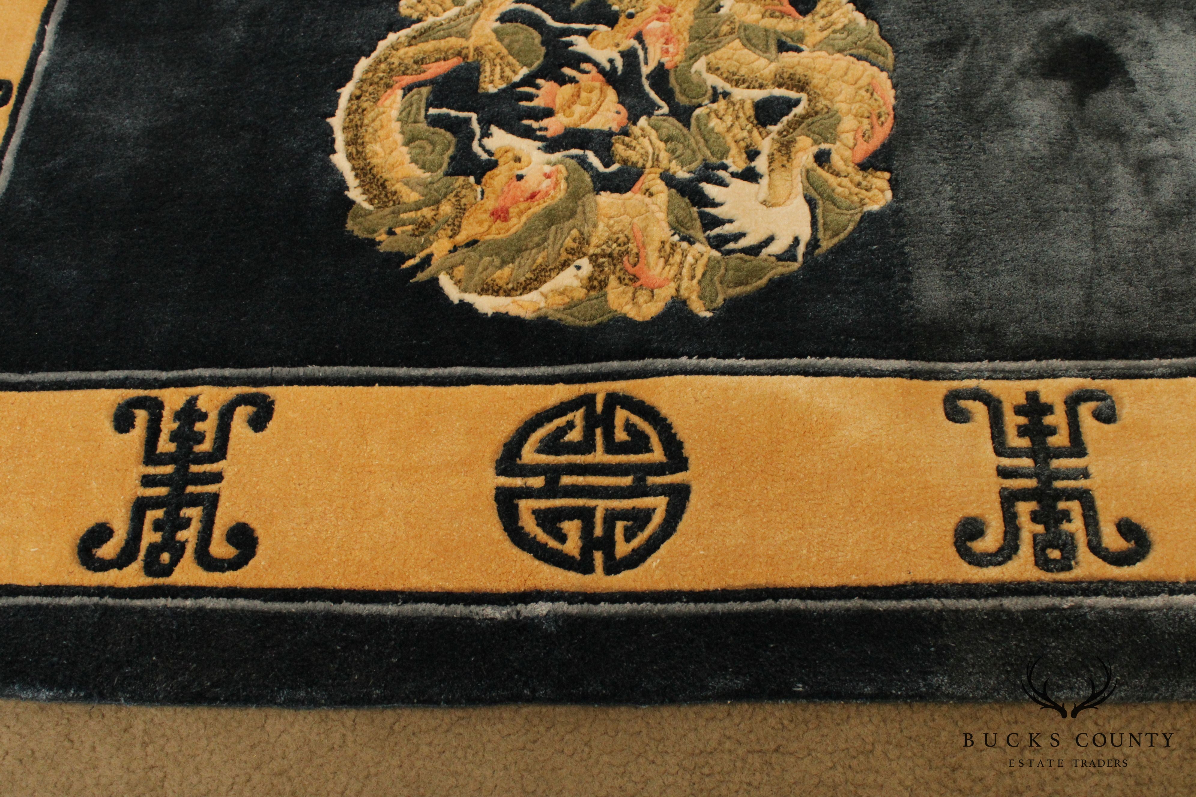 Quality 1970's Chinese Art Deco Style Dragon & Shou Design Blue Throw Rug