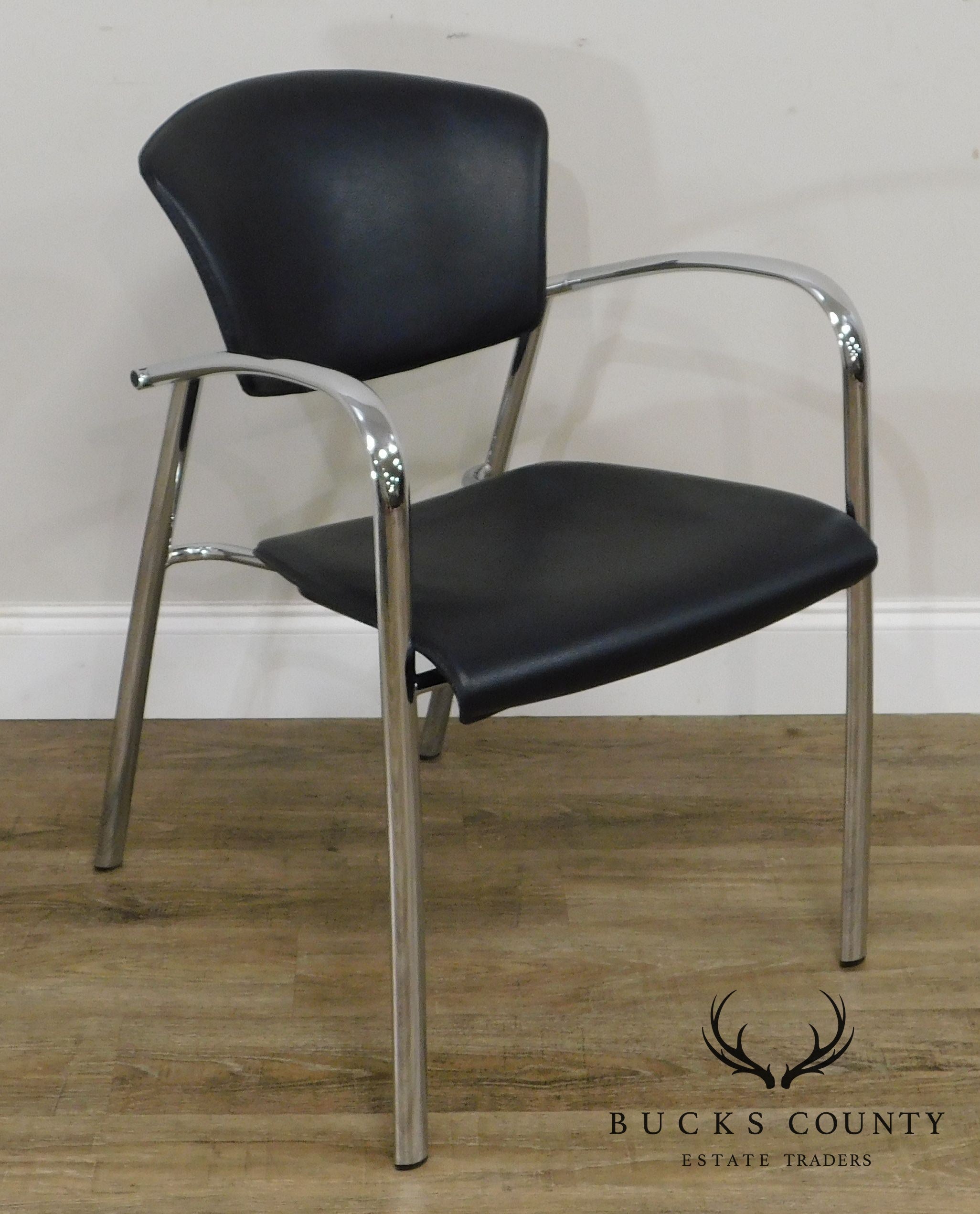 Brayton International Collection Steelcase Pair Chrome & Black Leatherette Armchairs