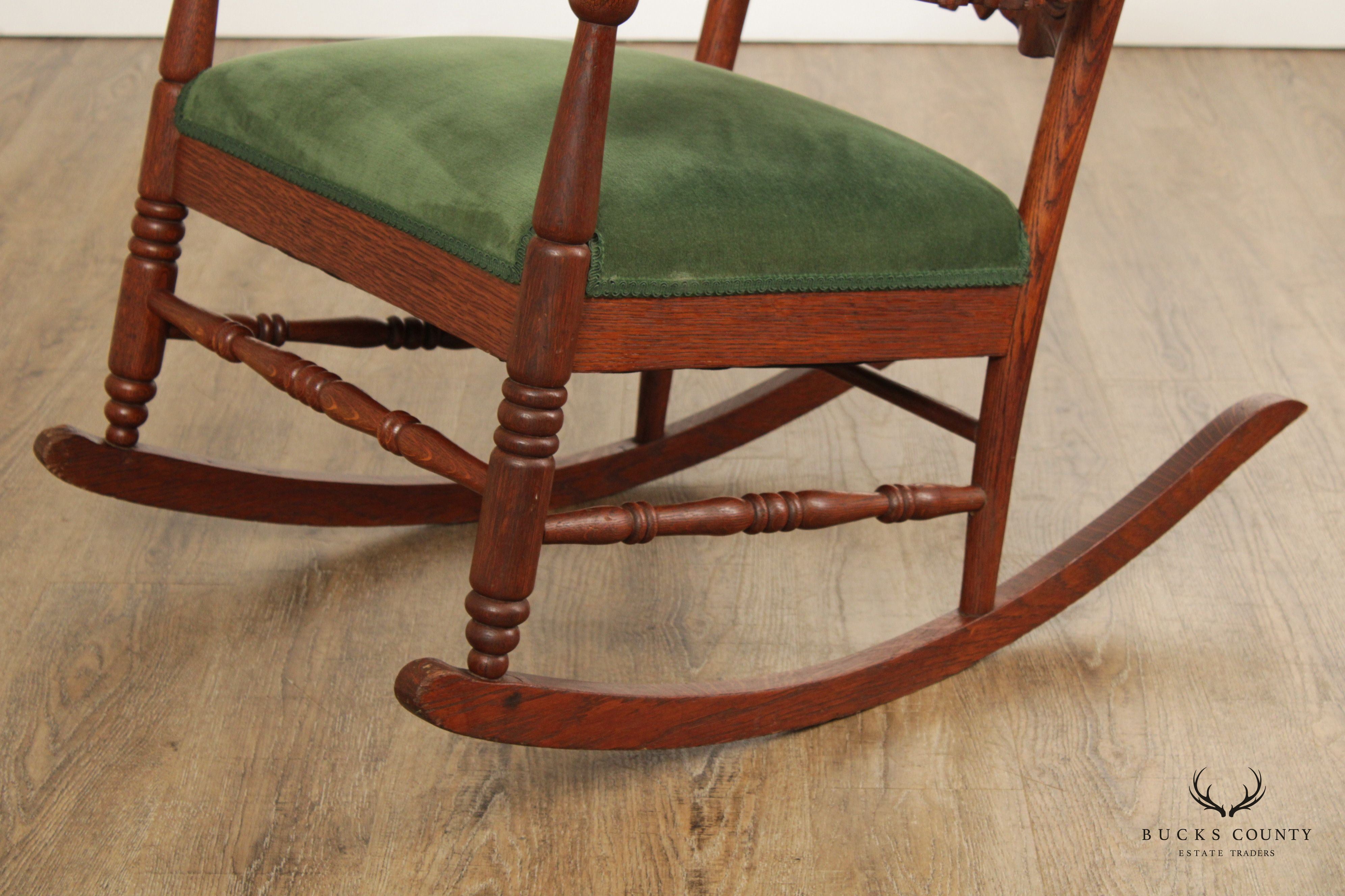 Art Nouveau Antique Peace Lily Carved Oak Rocking Chair