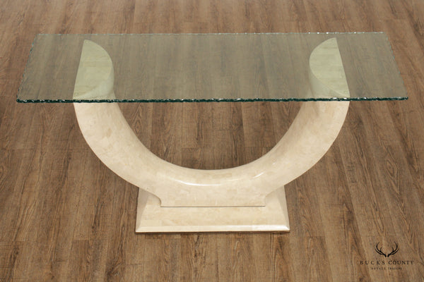 Organic Modern Tessellated Faux Stone and Glass Top Console Table