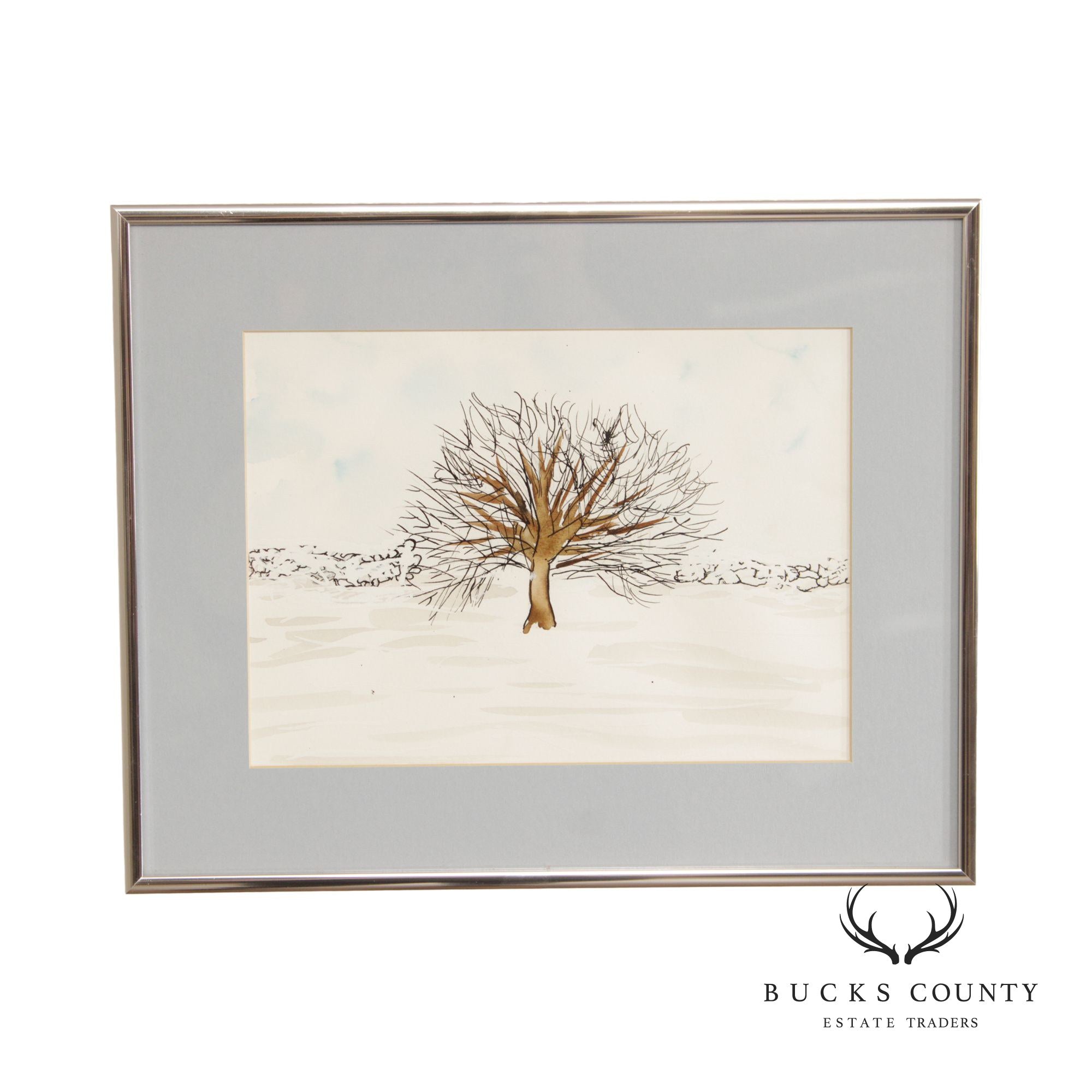 Vintage 20th C. Illustrative Winter Tree Watercolor Drawing