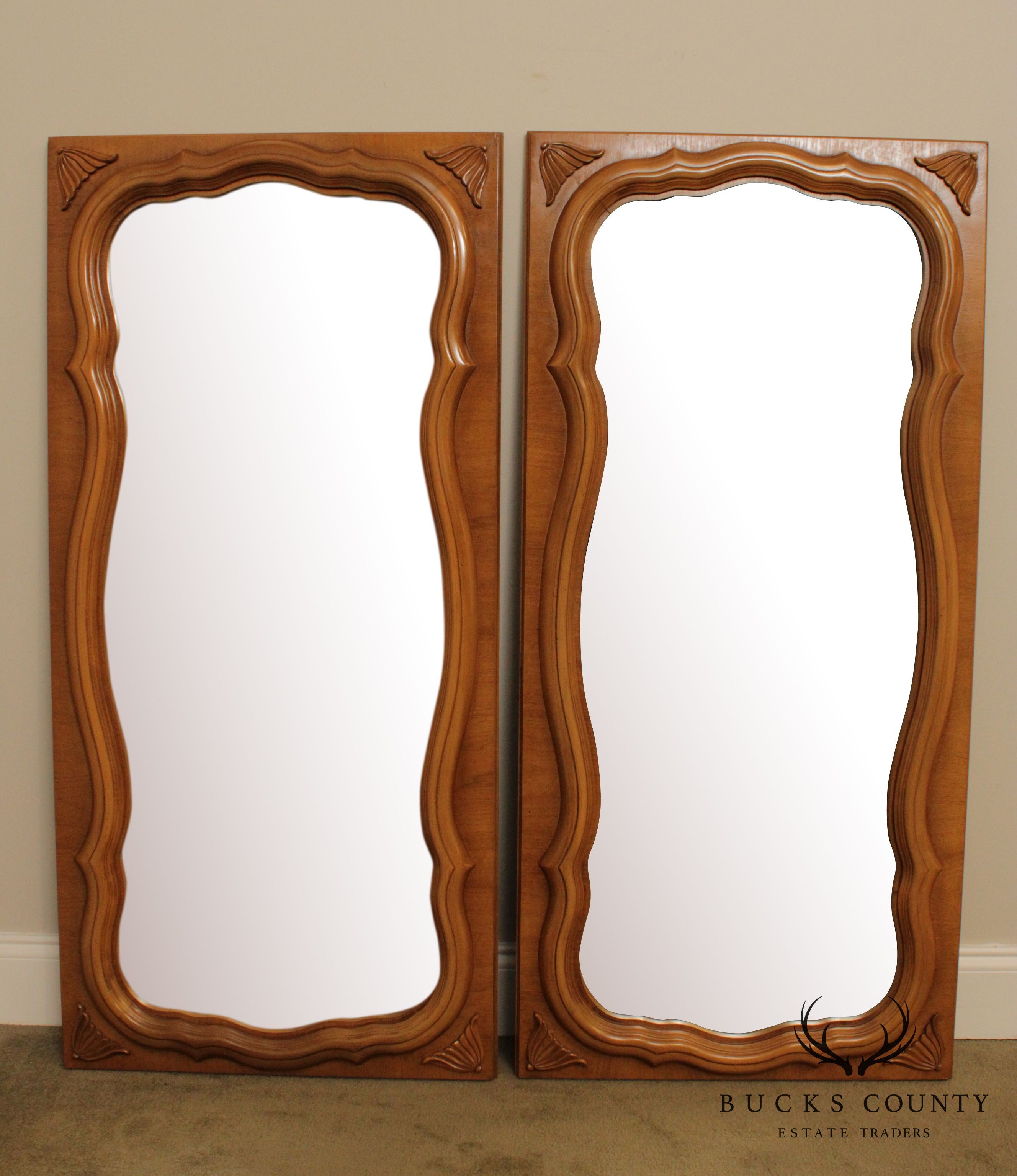 French Louis XV Style Vintage Walnut Pair Wall Mirrors
