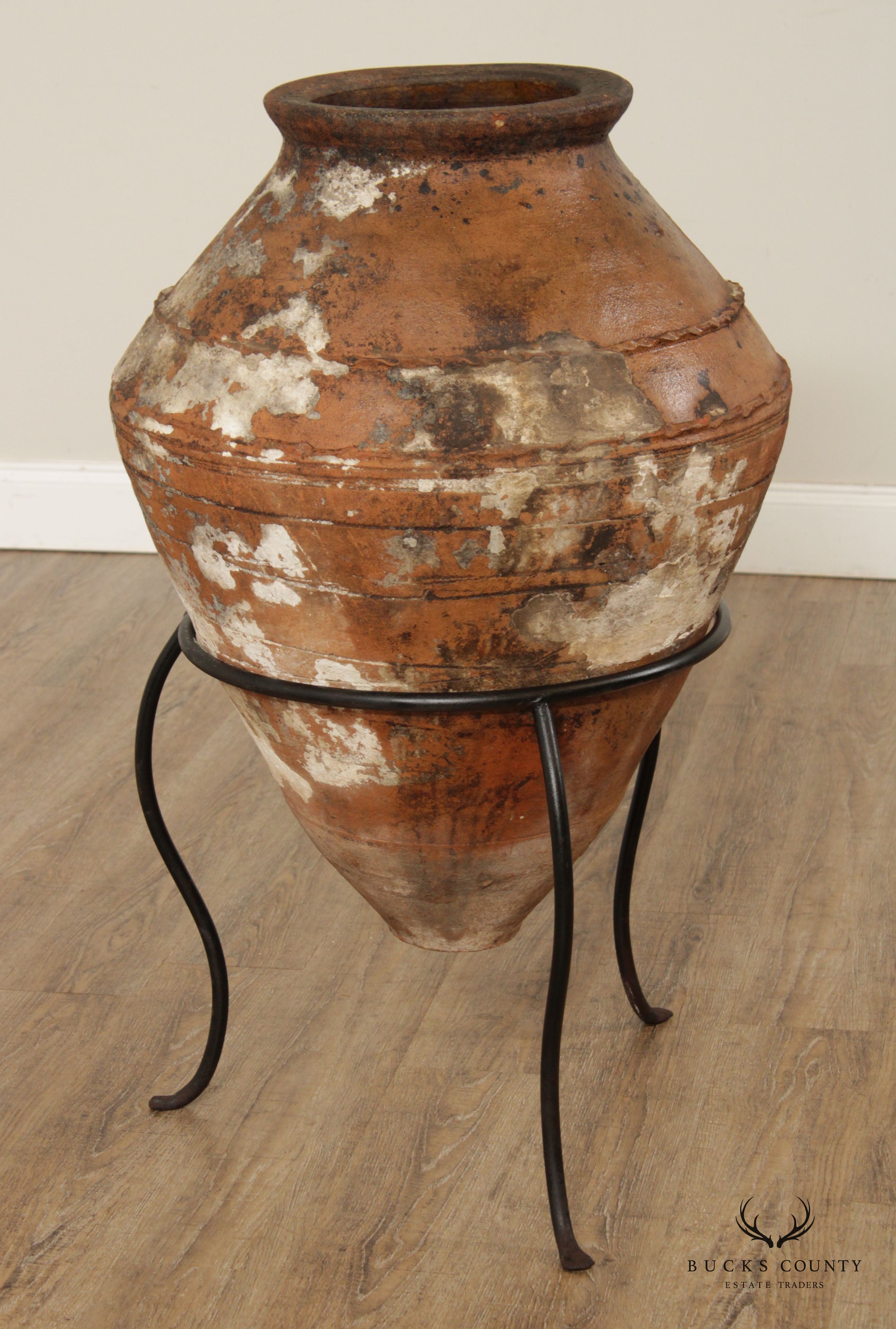 Antique Mediterranean Large Terra Cotta Amphora Floor Vase on Stand