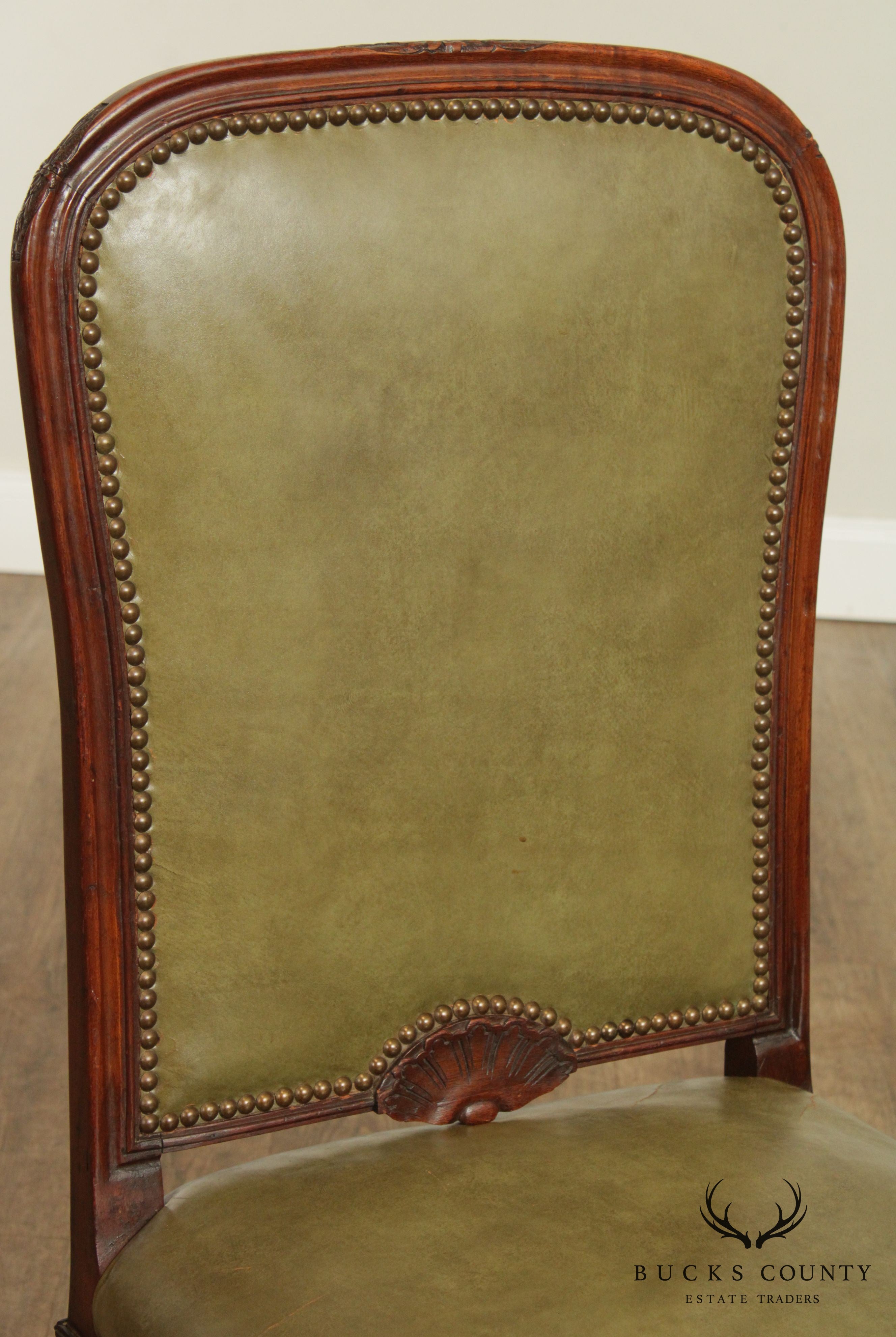 French Louis XV Style Vintage Set 5 Walnut & Green Leather Dining Chairs
