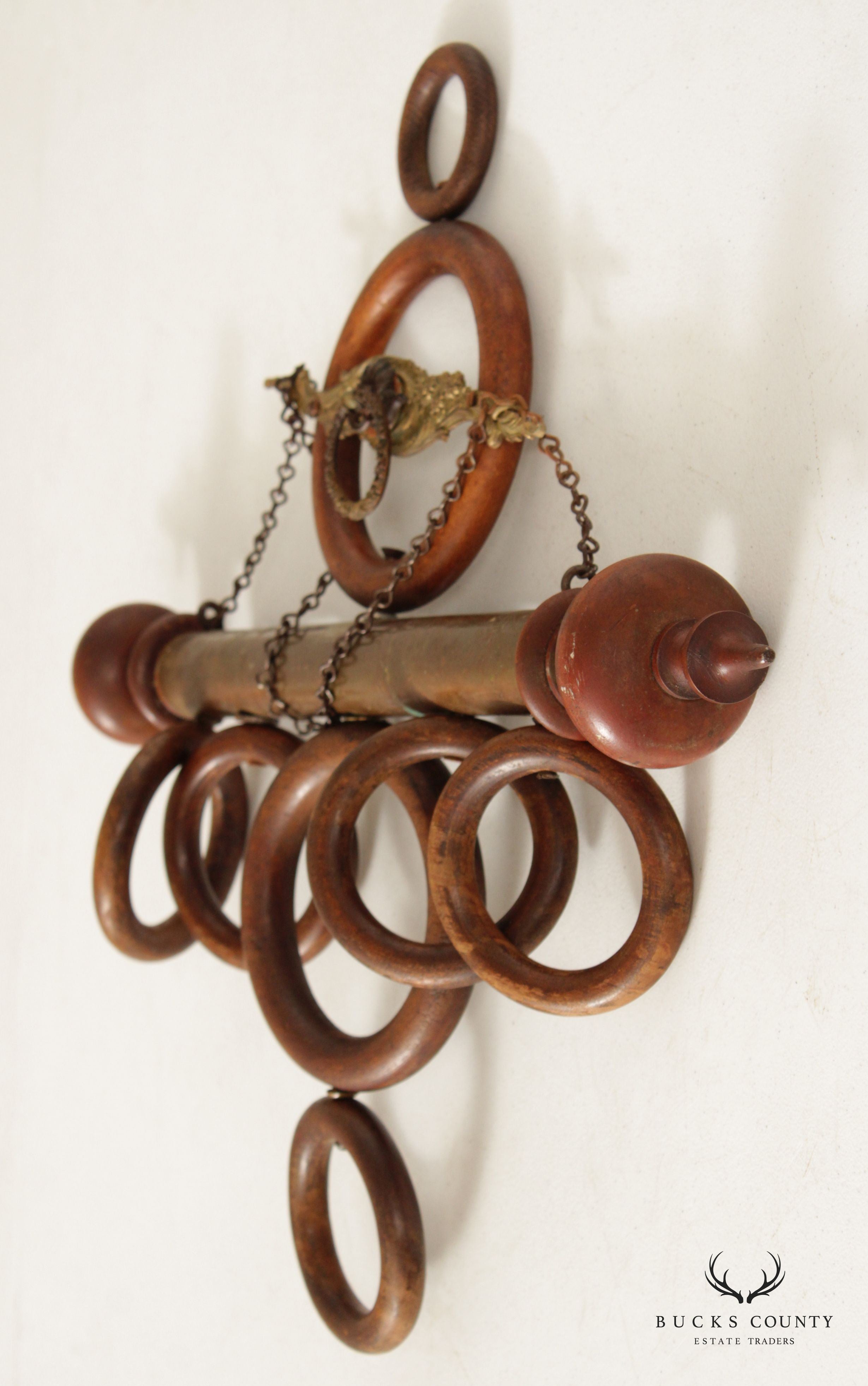 Antique Victorian Wood Rings and Brass Hanging Towel Rack
