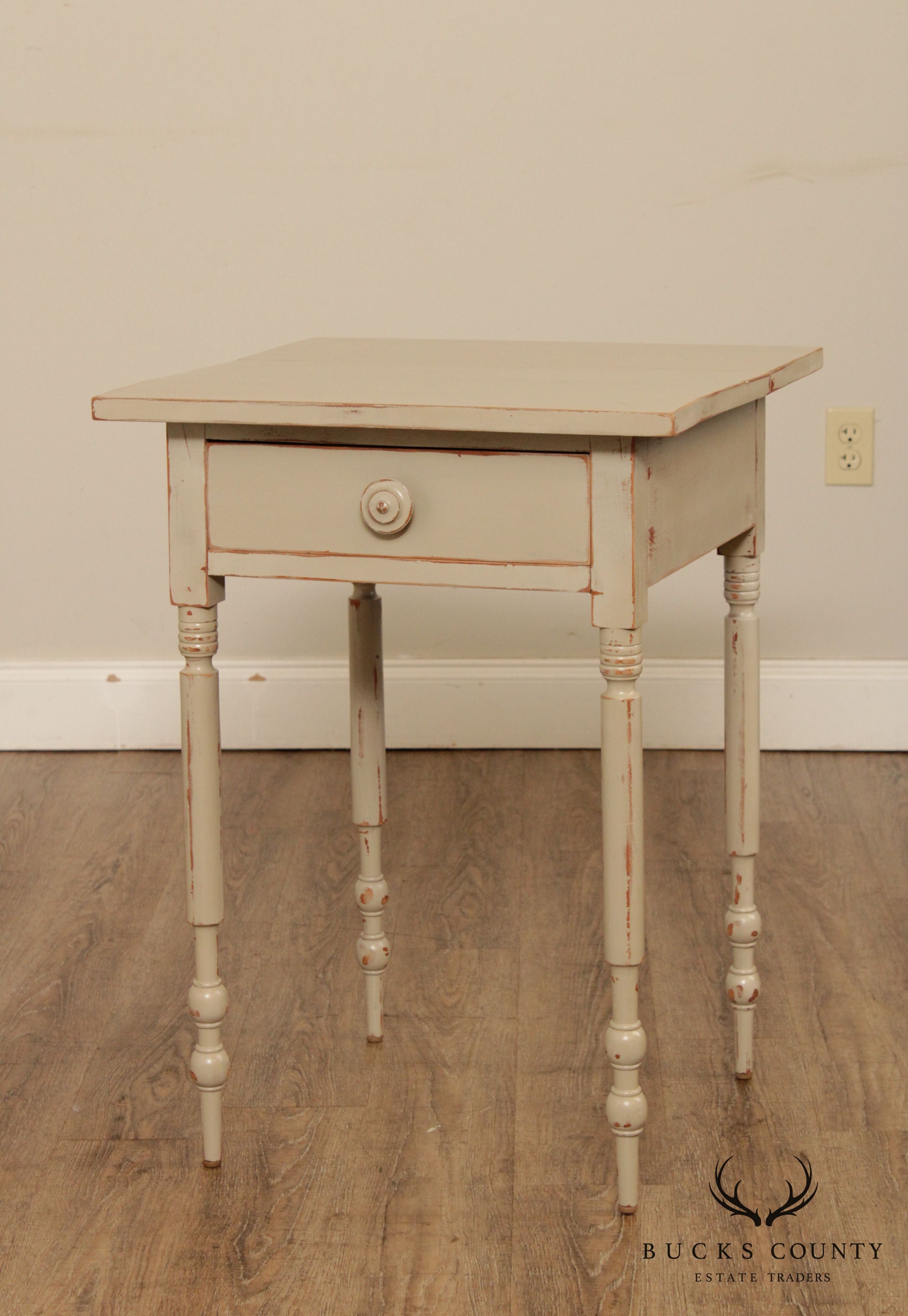 Antique Country Sheraton One Drawer Side Table, Custom Grey Finish