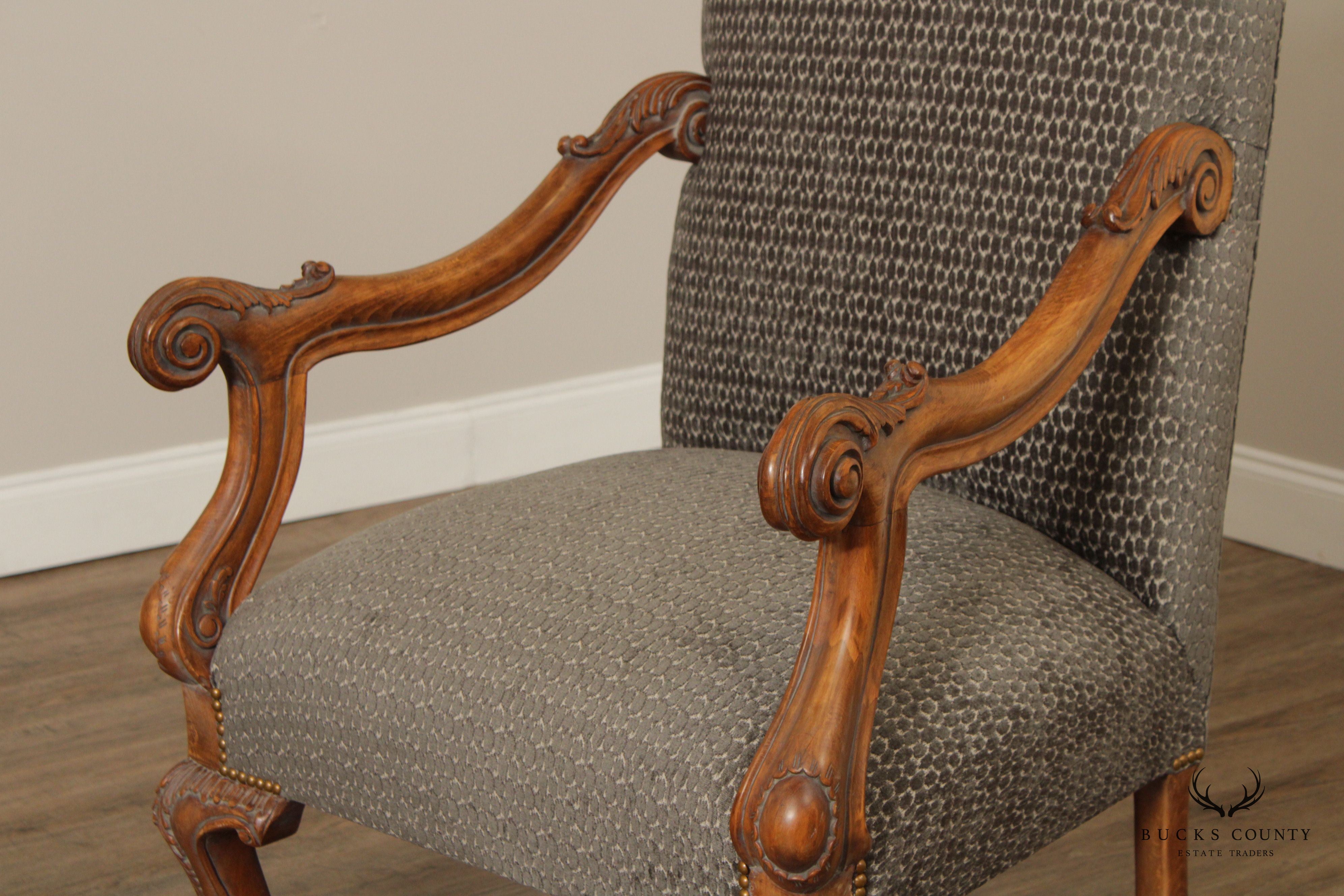French Renaissance Revival Style Quality Pair of Carved And Upholstered Armchairs