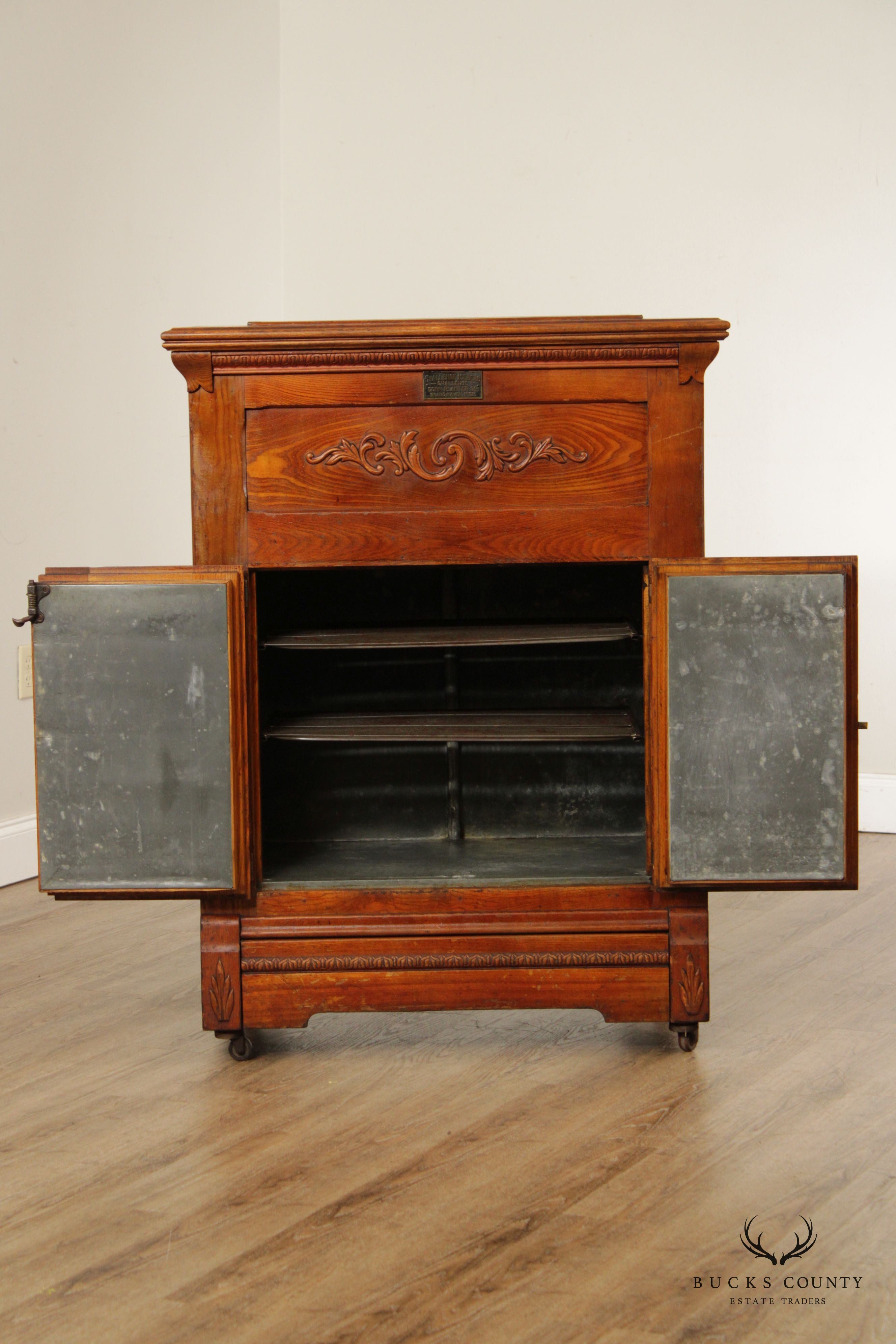 Antique Challenge Iceberg Oak and Tin Lift Lid Icebox