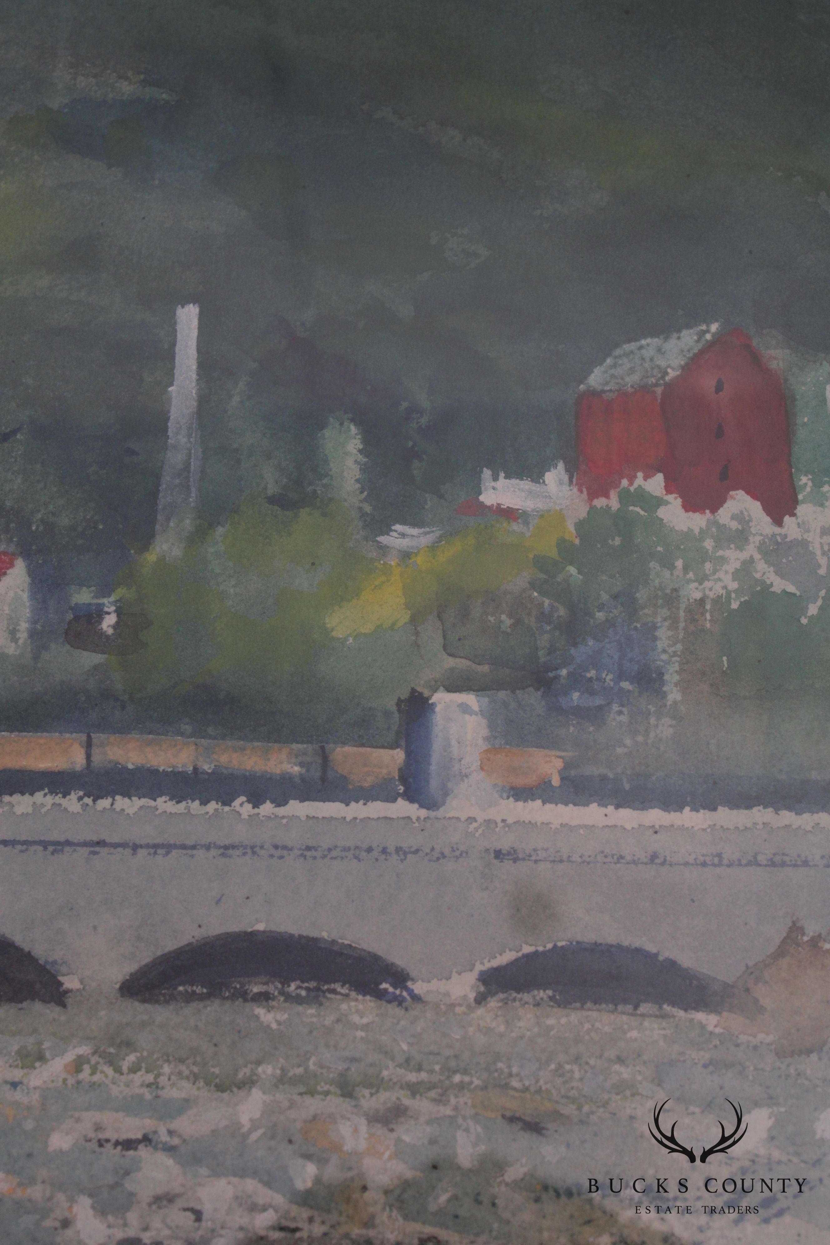 Charles Taylor Landscape with Bridge Watercolor Framed Painting