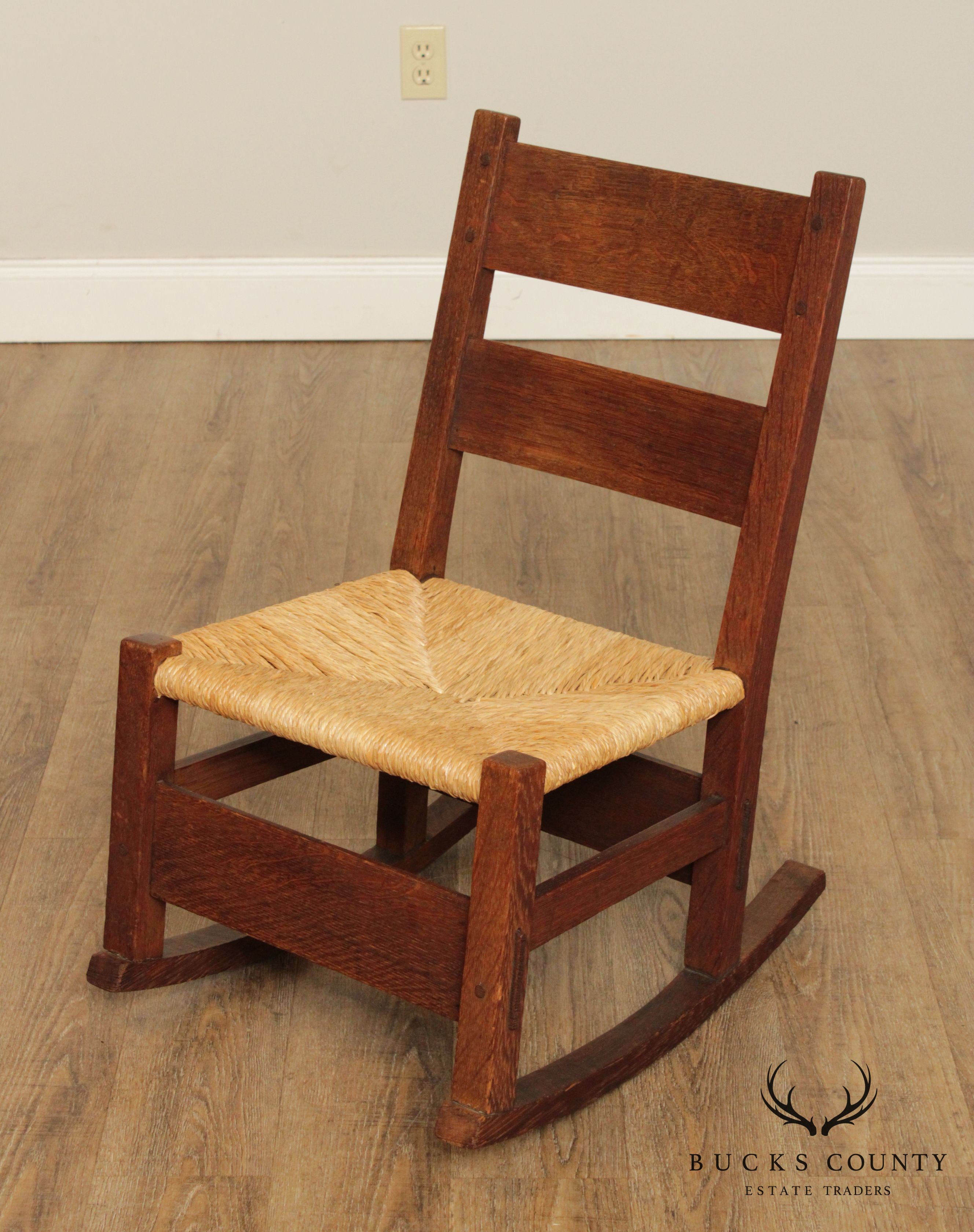 Gustav Stickley Antique Mission Oak Rush Seat Nursing Rocker