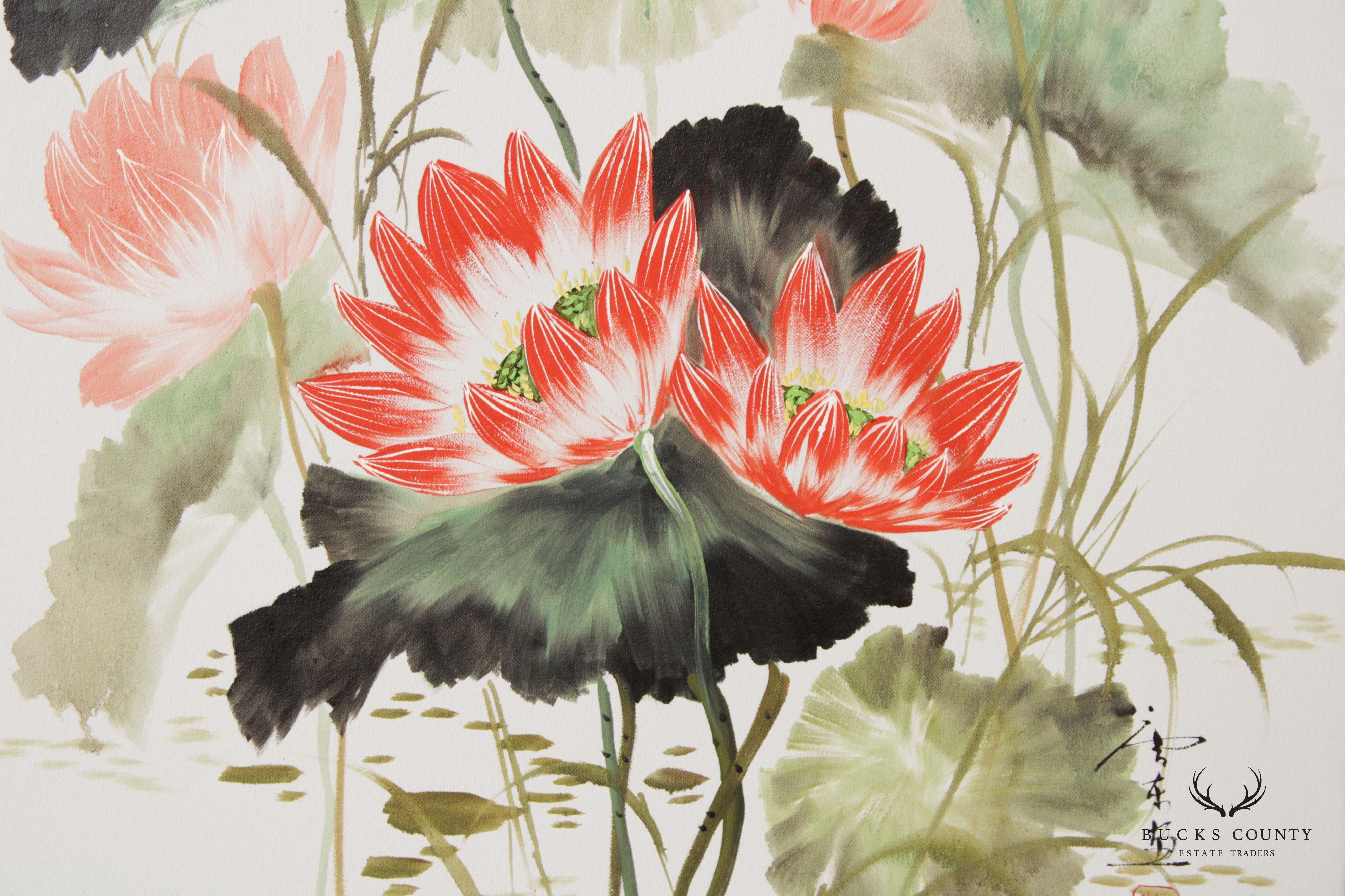 Vintage Chinese Water Lily Watercolor Painting