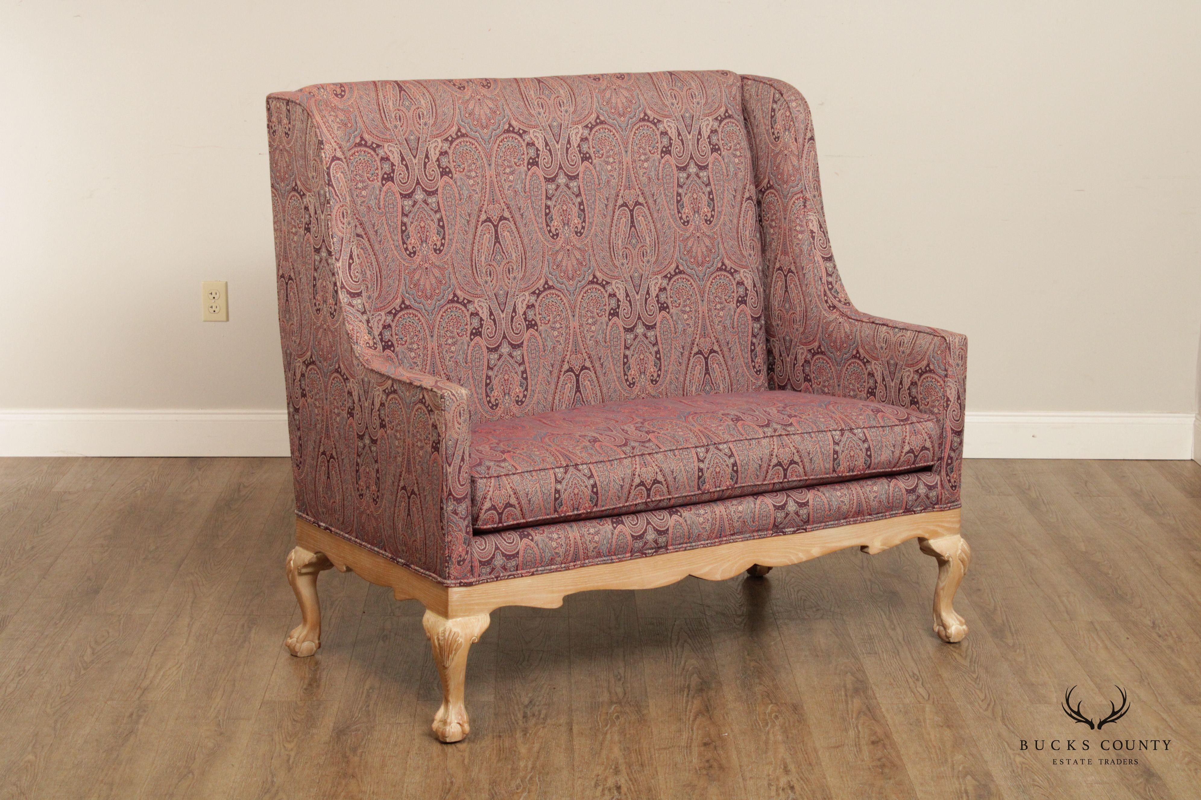 Chippendale Style Pair Custom Upholstered High-Back Settees