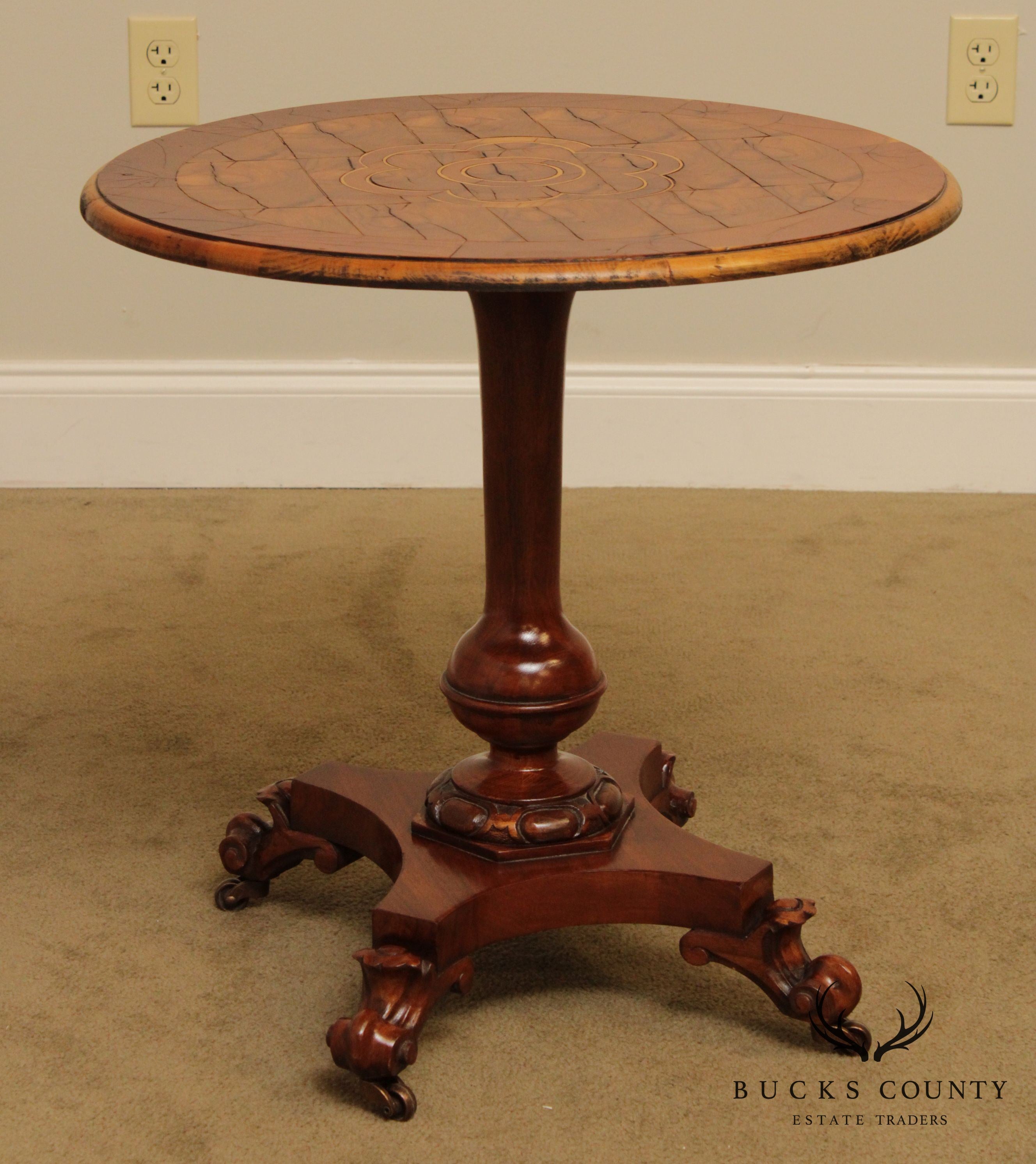 Empire Style Round Oyster Wood Inlaid Pedestal Table