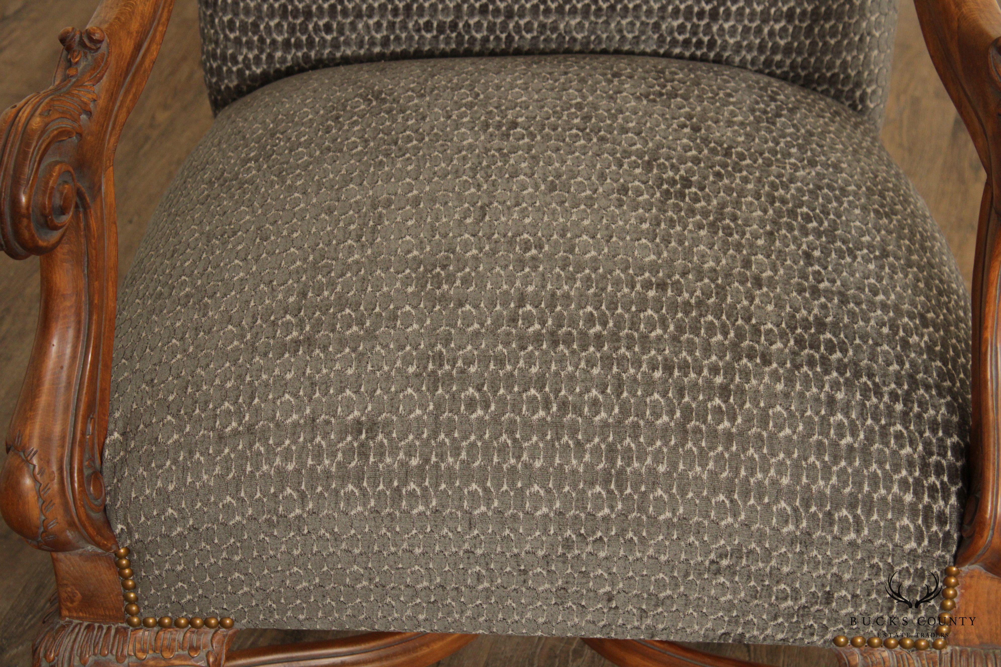 French Renaissance Revival Style Quality Pair of Carved And Upholstered Armchairs