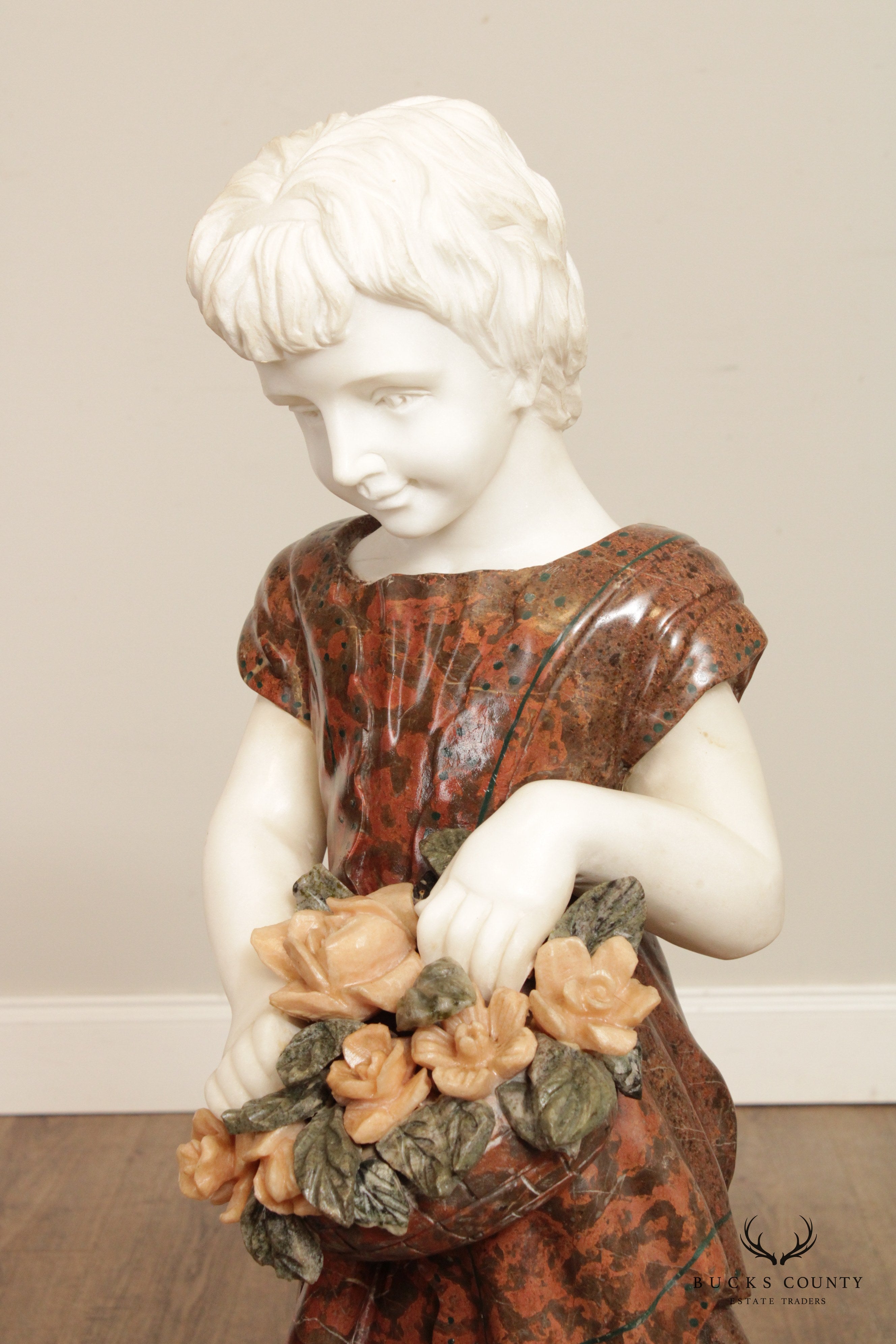 Figural Girl with Flowers Carved Marble Life-Size Statue