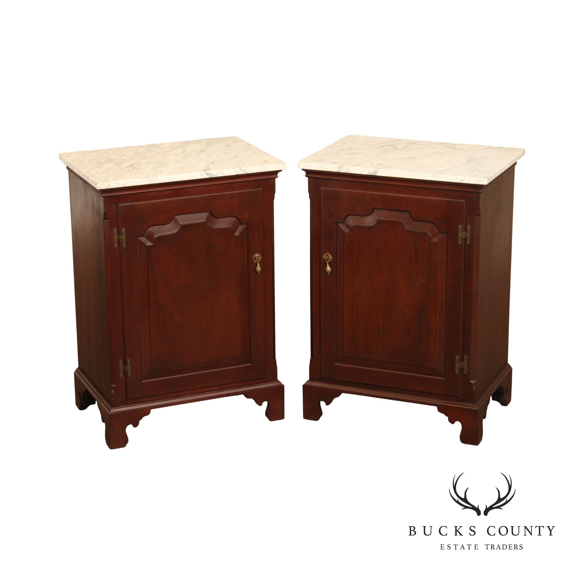 Vintage Pair Mahogany Marble Top Cabinet Nightstands