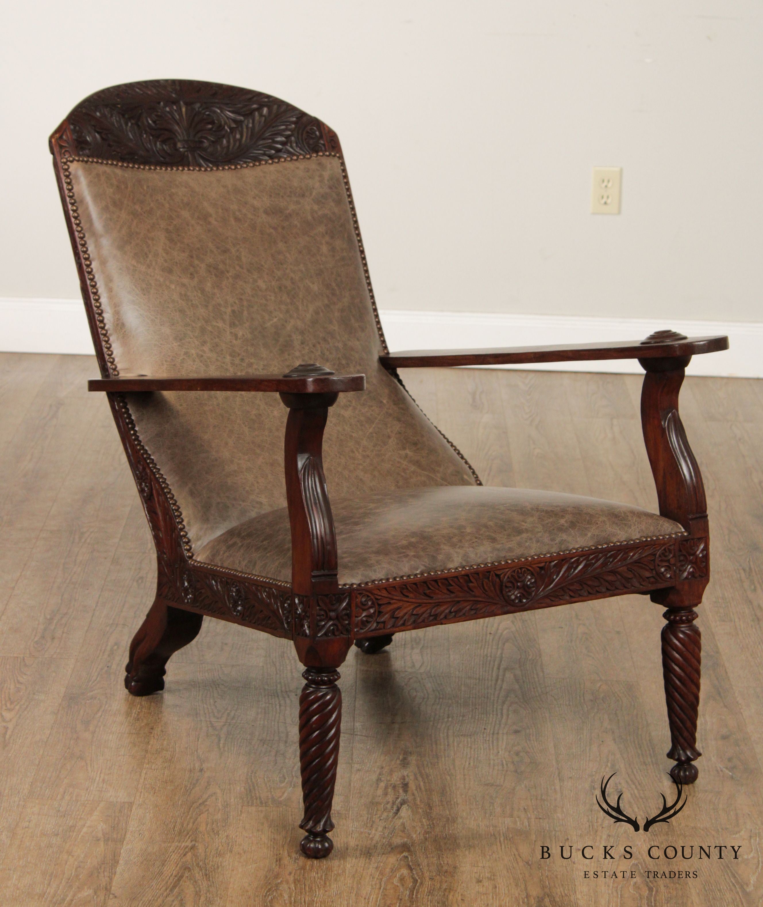 Antique 19th Century Anglo-Indian Carved Rosewood & Leather Armchair