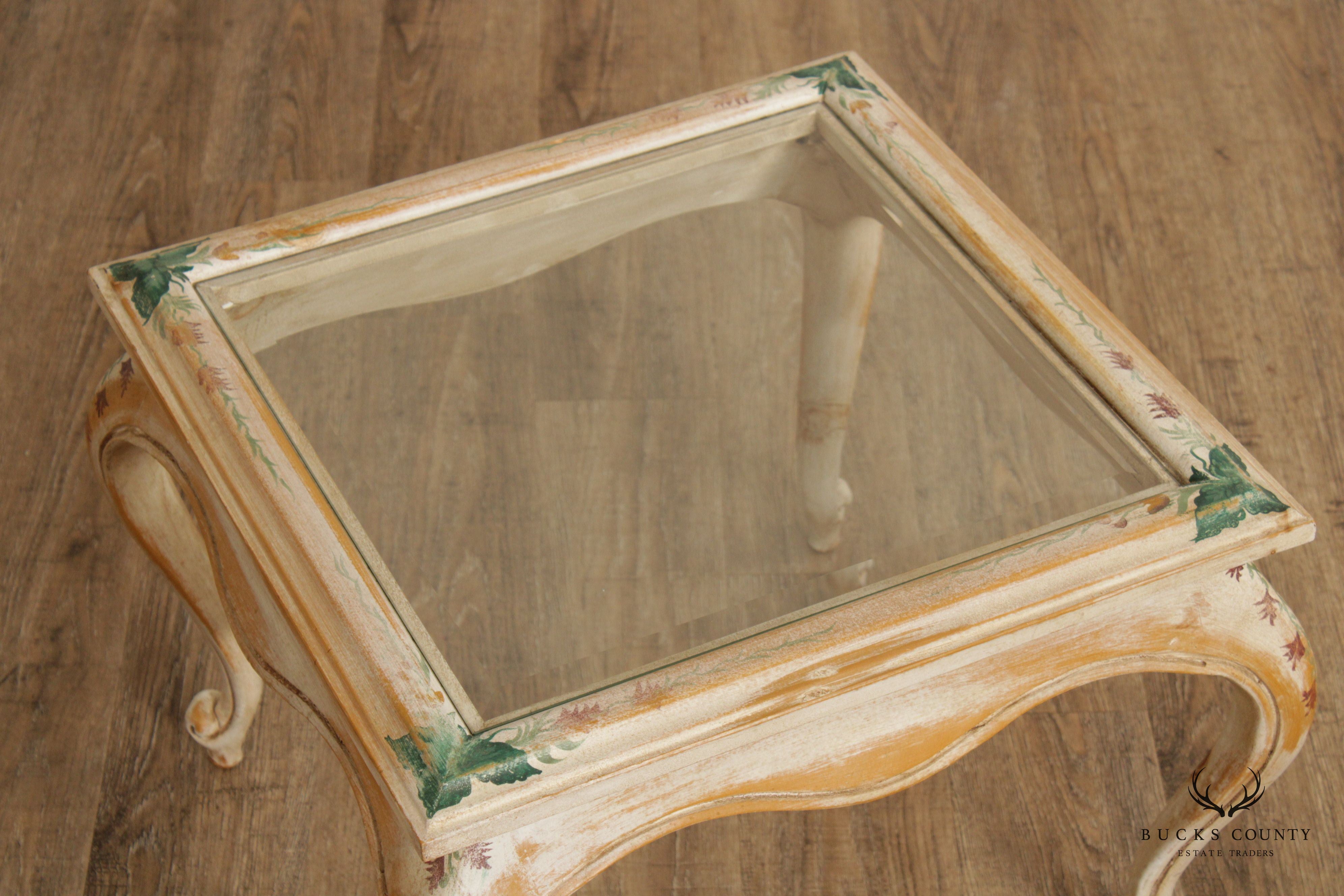 French Style Pair Paint Decorated Glass Top End Tables
