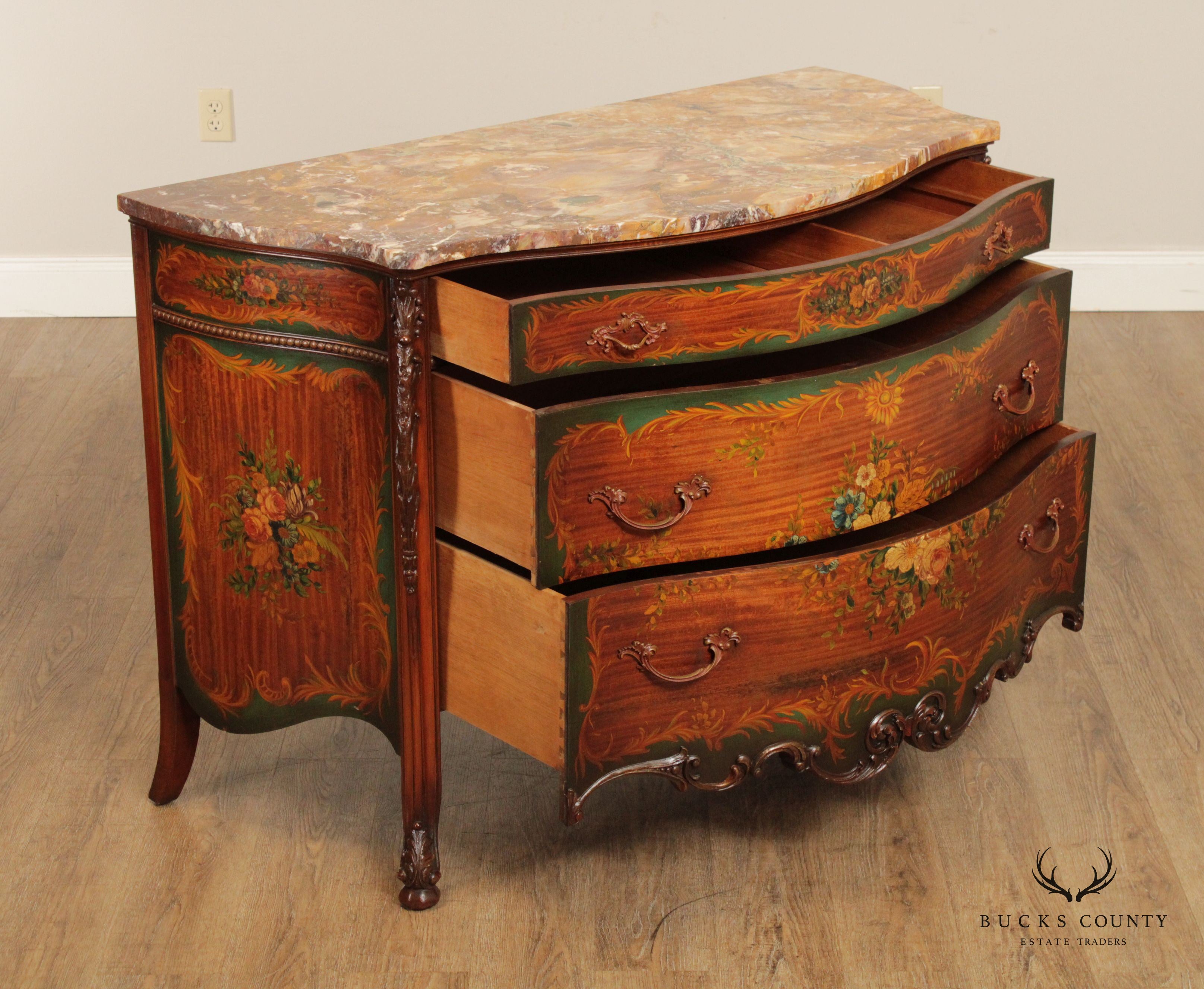 Johnson Furniture Co. Vintage French Louis XV Style Marble Top Paint Decorated Commode