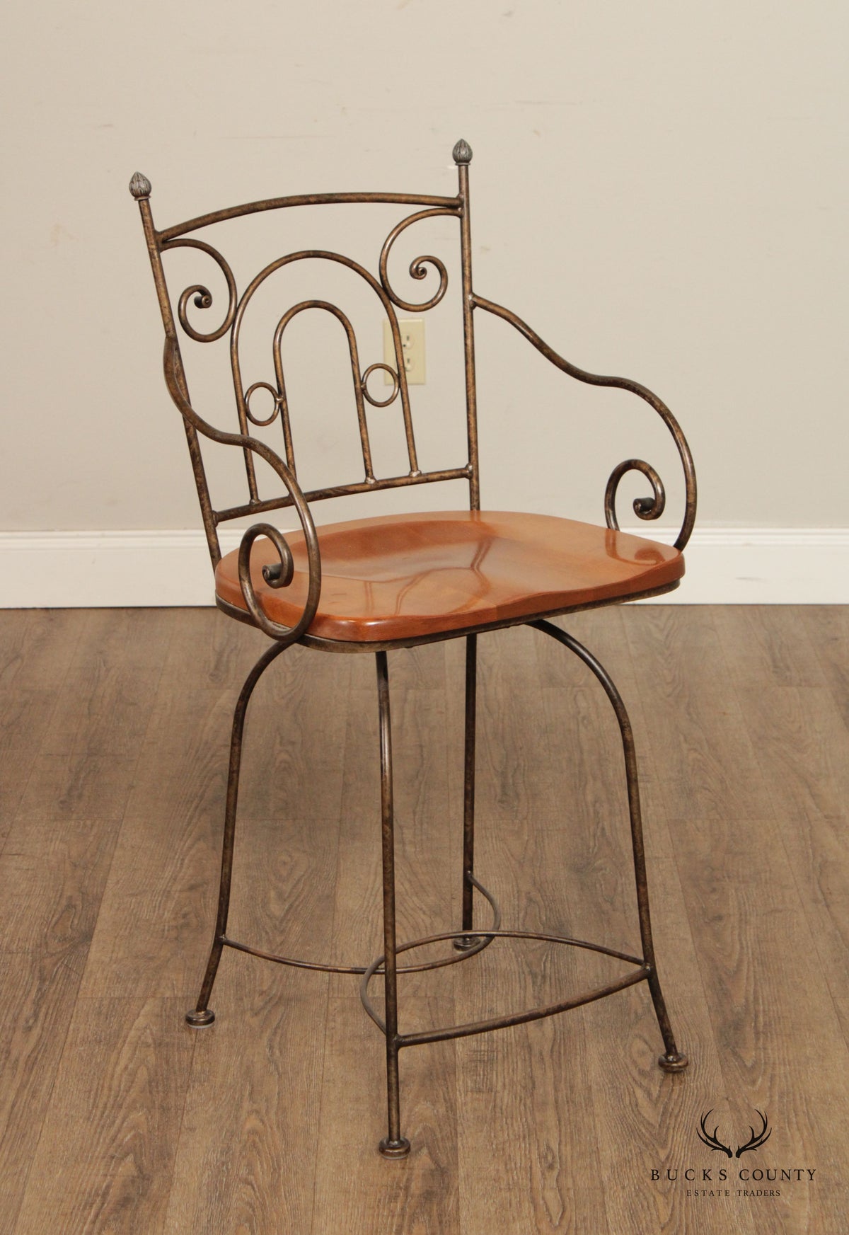 Tuscan Style Set Of 3 Wrought Iron and Wood Swivel Counter Stools