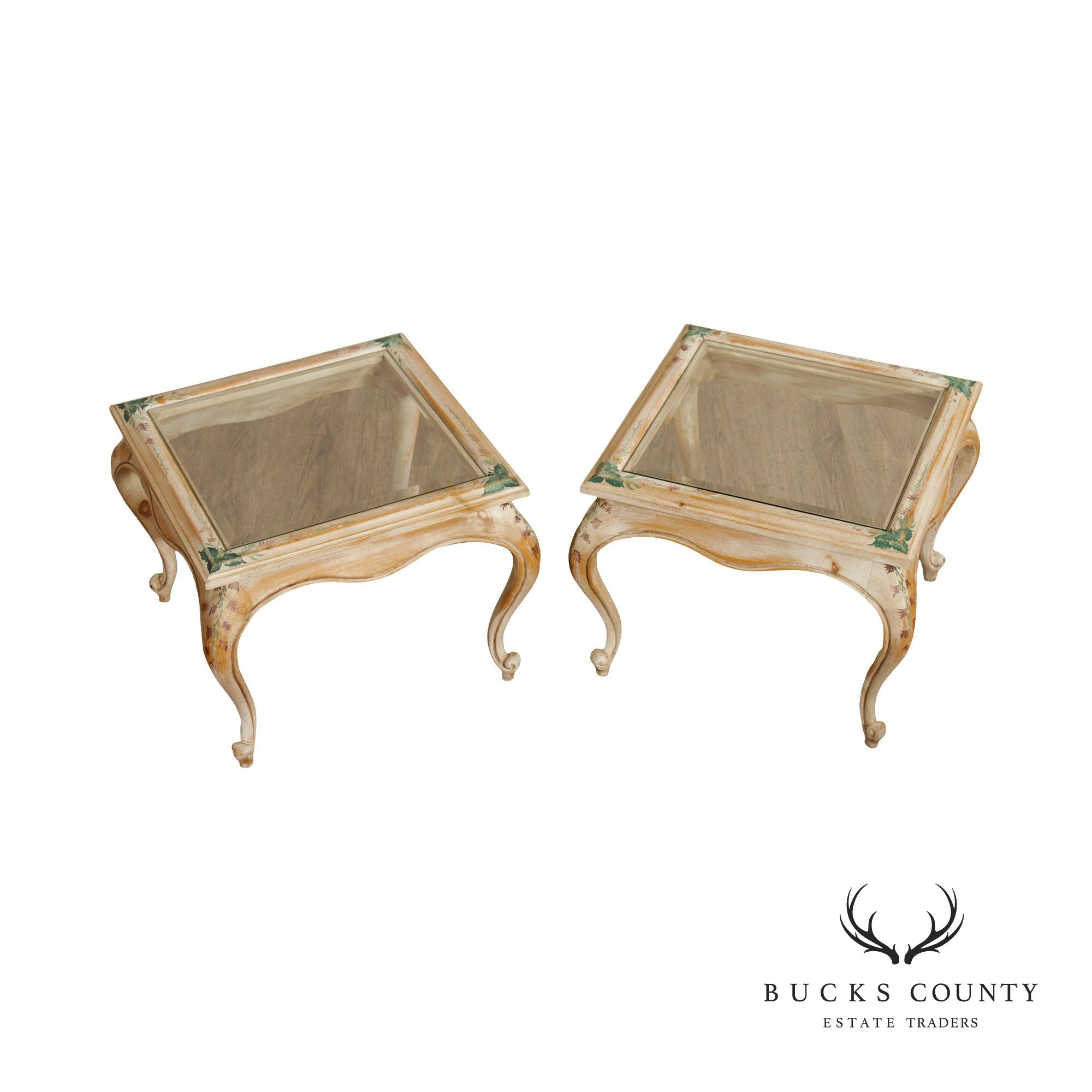 French Style Pair Paint Decorated Glass Top End Tables