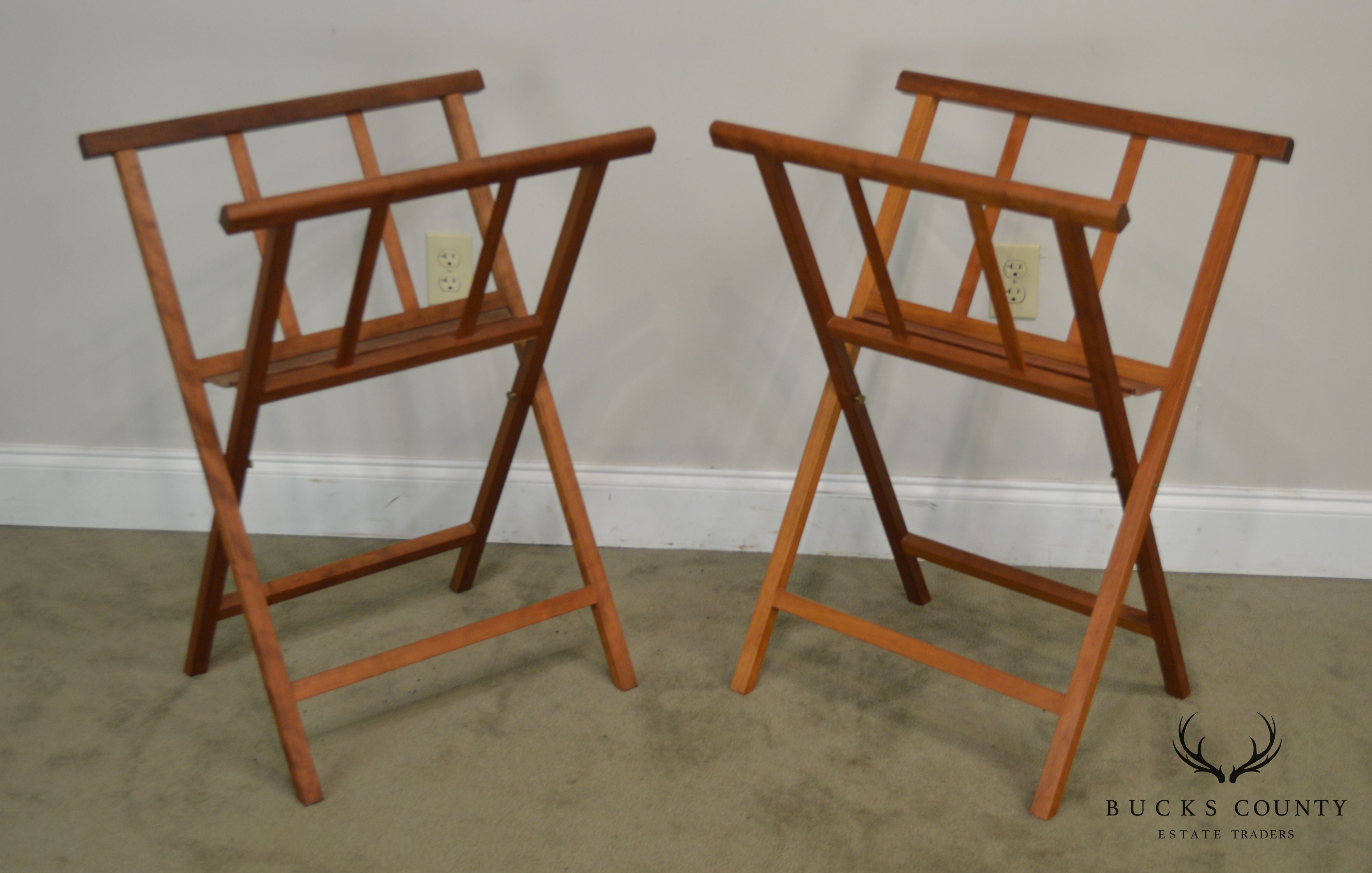 Danish Modern Style Pair Teak & Leather Folding Stands
