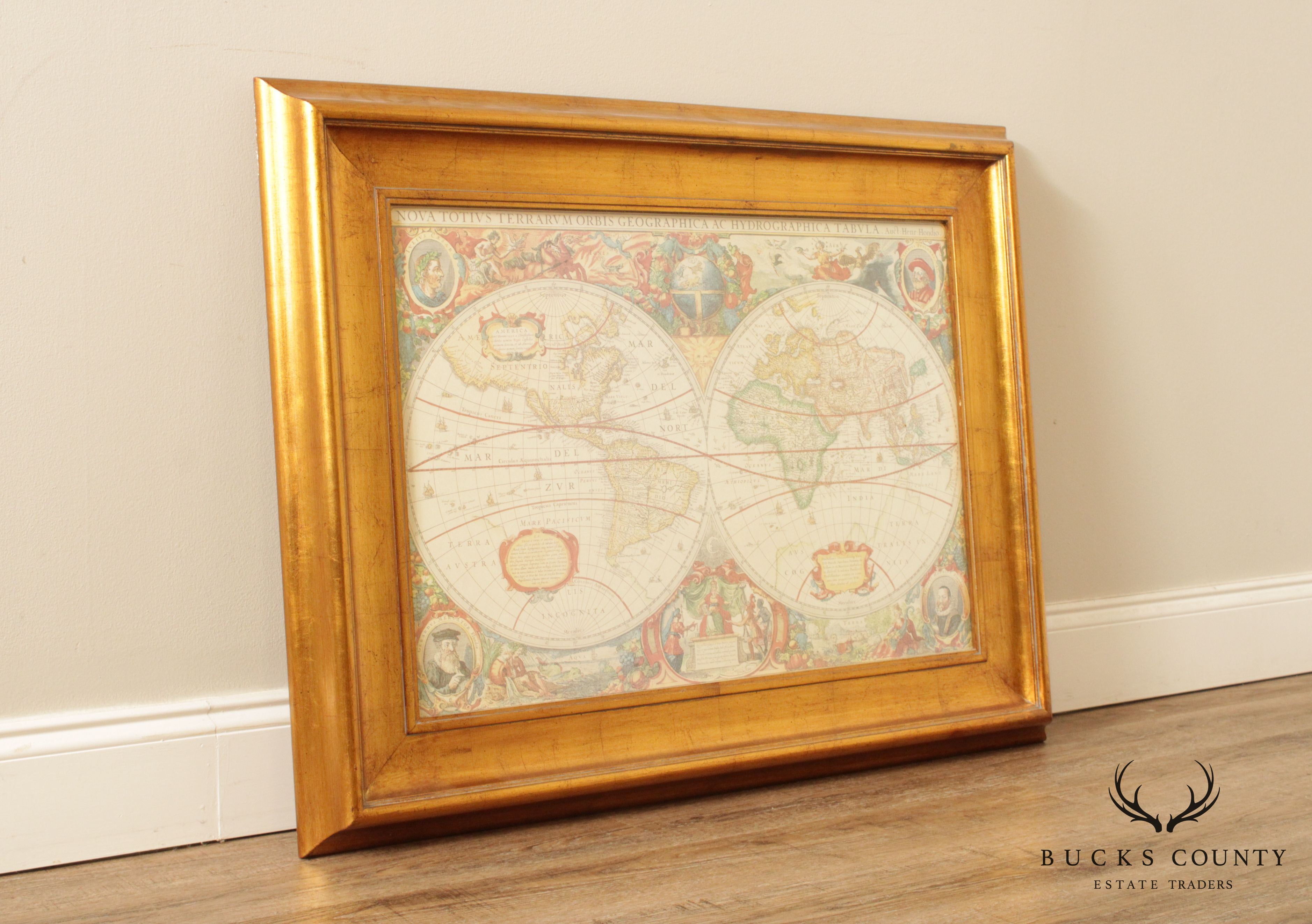 Henricus Hondius Reproduction World Map, 1630 in Giltwood Frame