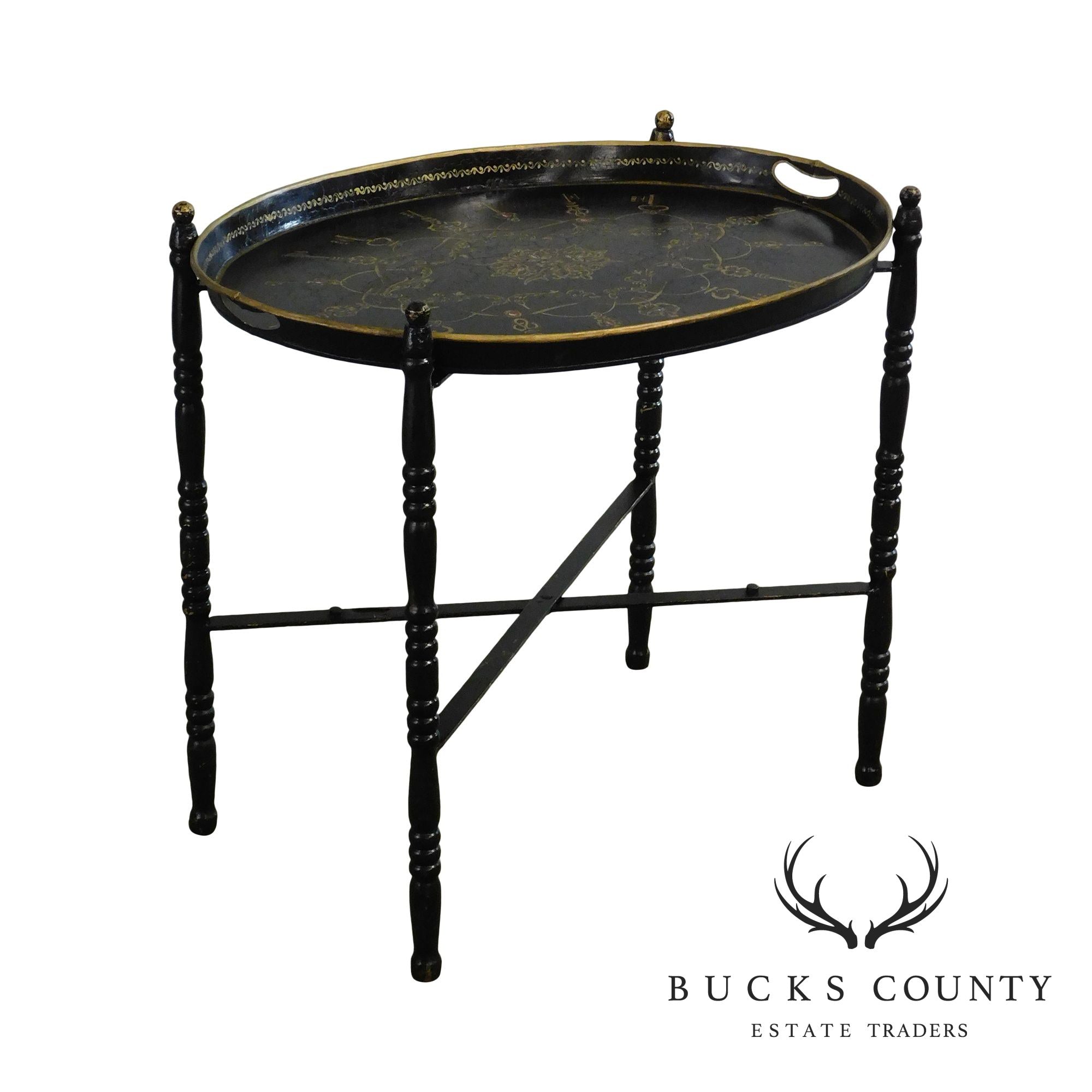 Vintage Hand Painted Tole Tray Table on Folding Metal Base