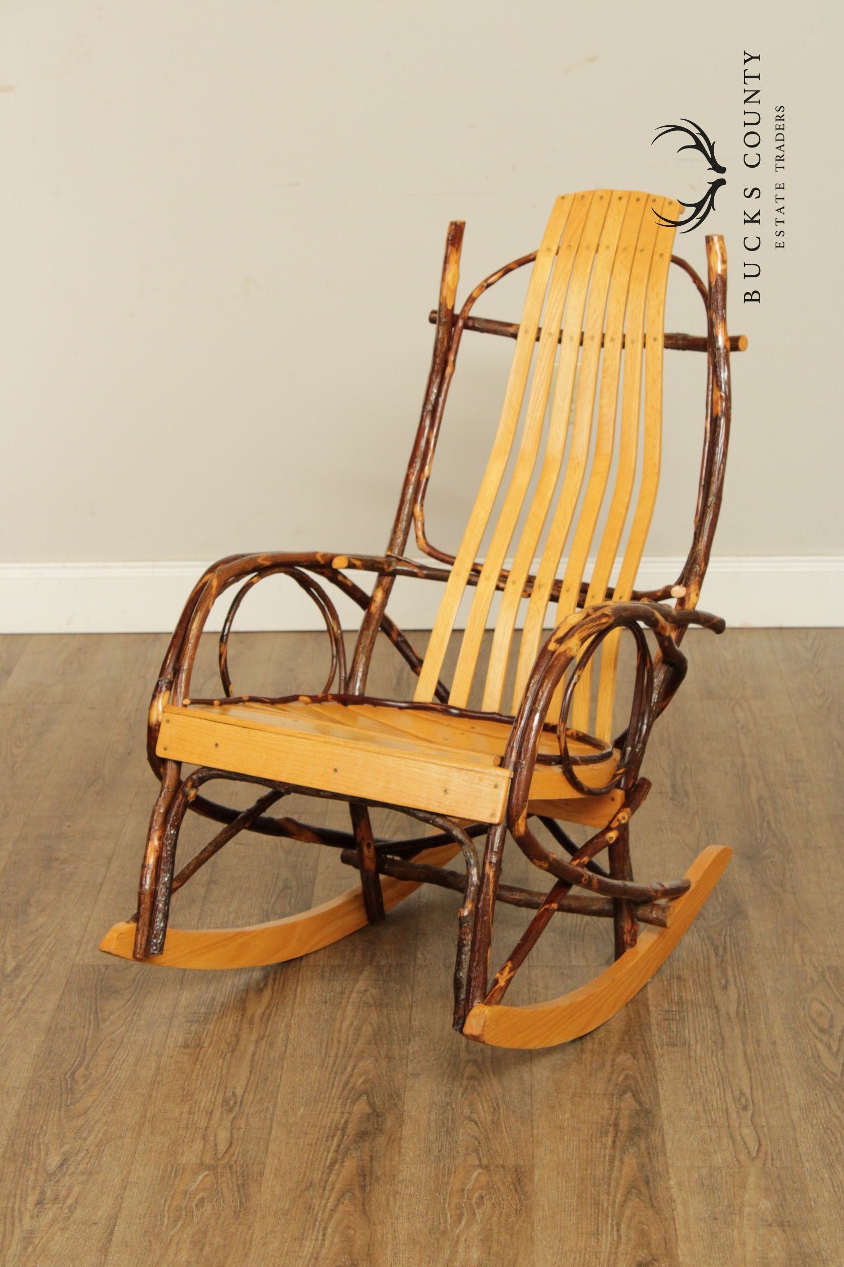 Amish Adirondack Style Oak and Bent Hickory Rocker