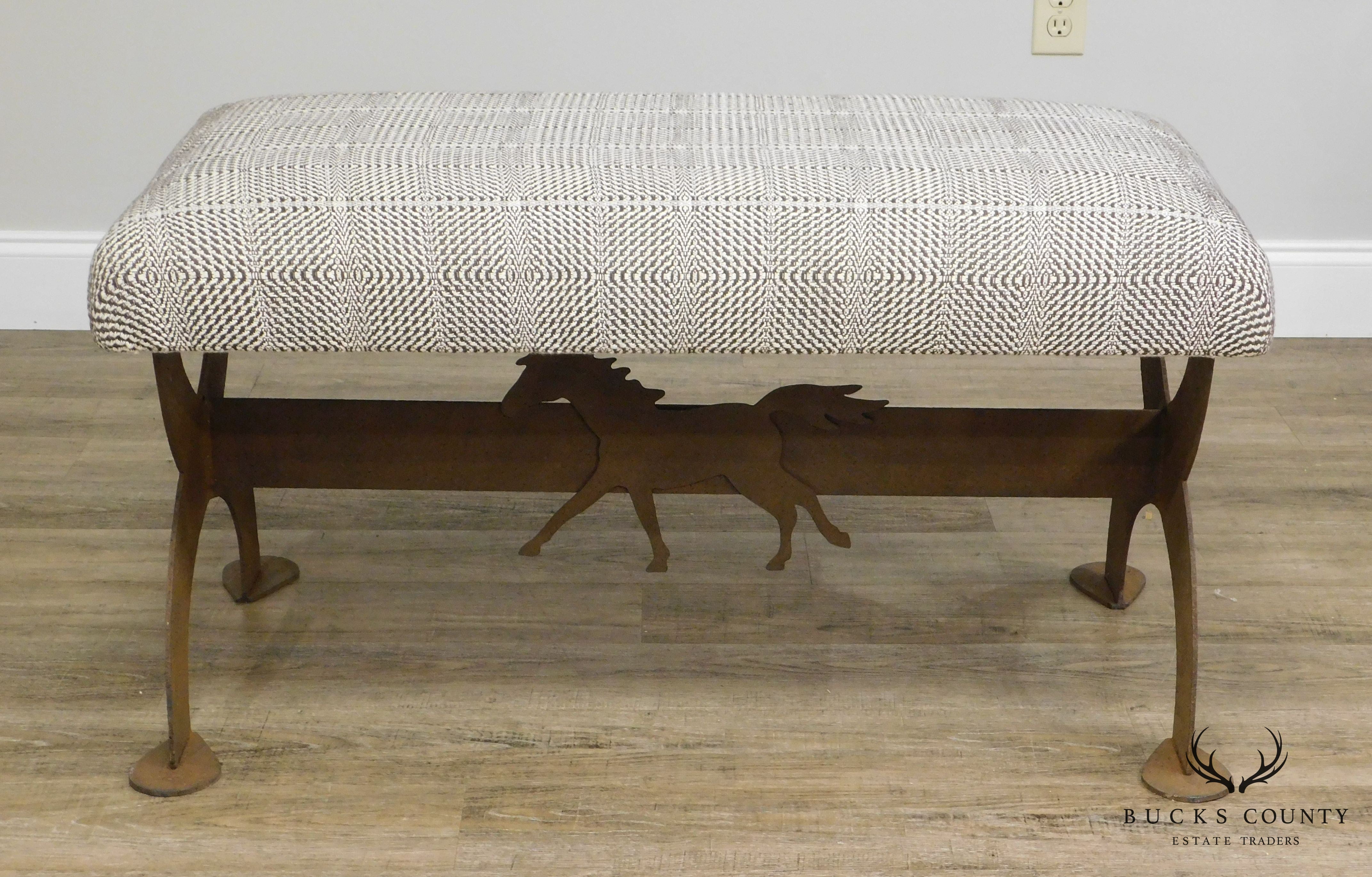 Vintage Weathered Steel X Base Bench With Horse