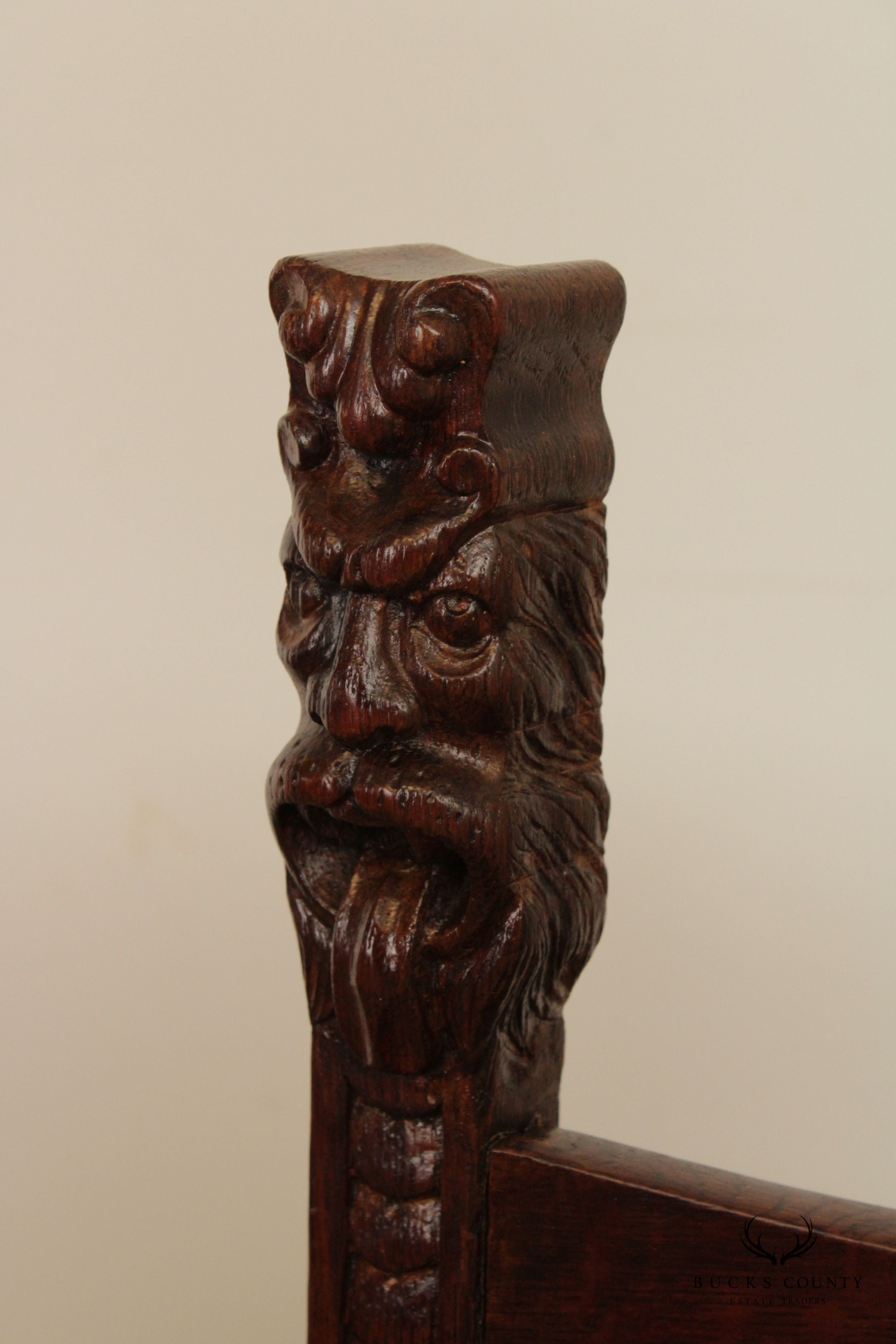 Antique Renaissance Revival Oak Carved Savonarola Armchair